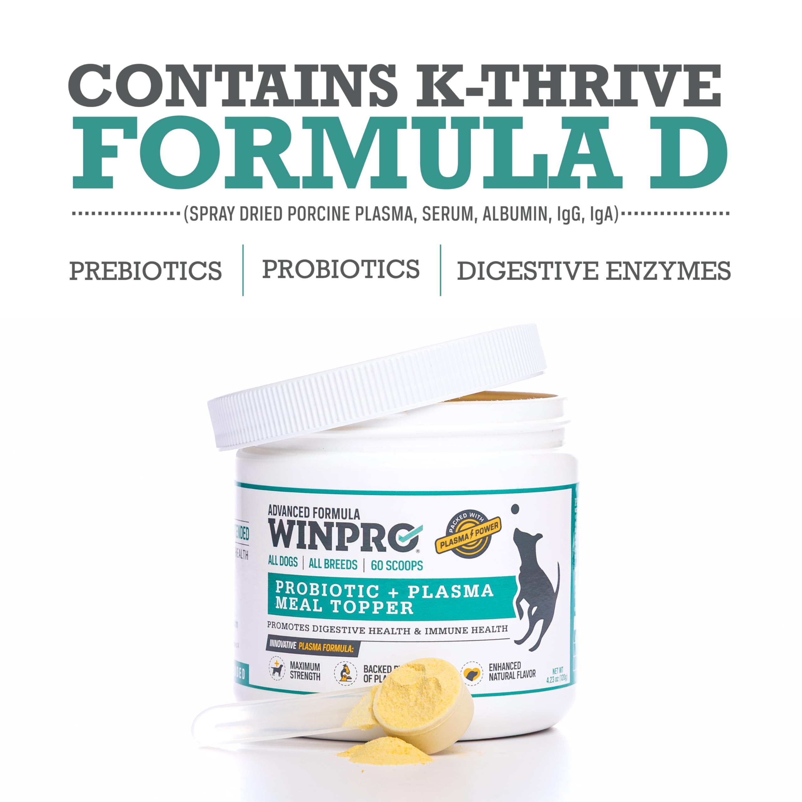 WINPRO Dog Probiotic Powder bottle and label emphasize USA-made quality and NASC standards.