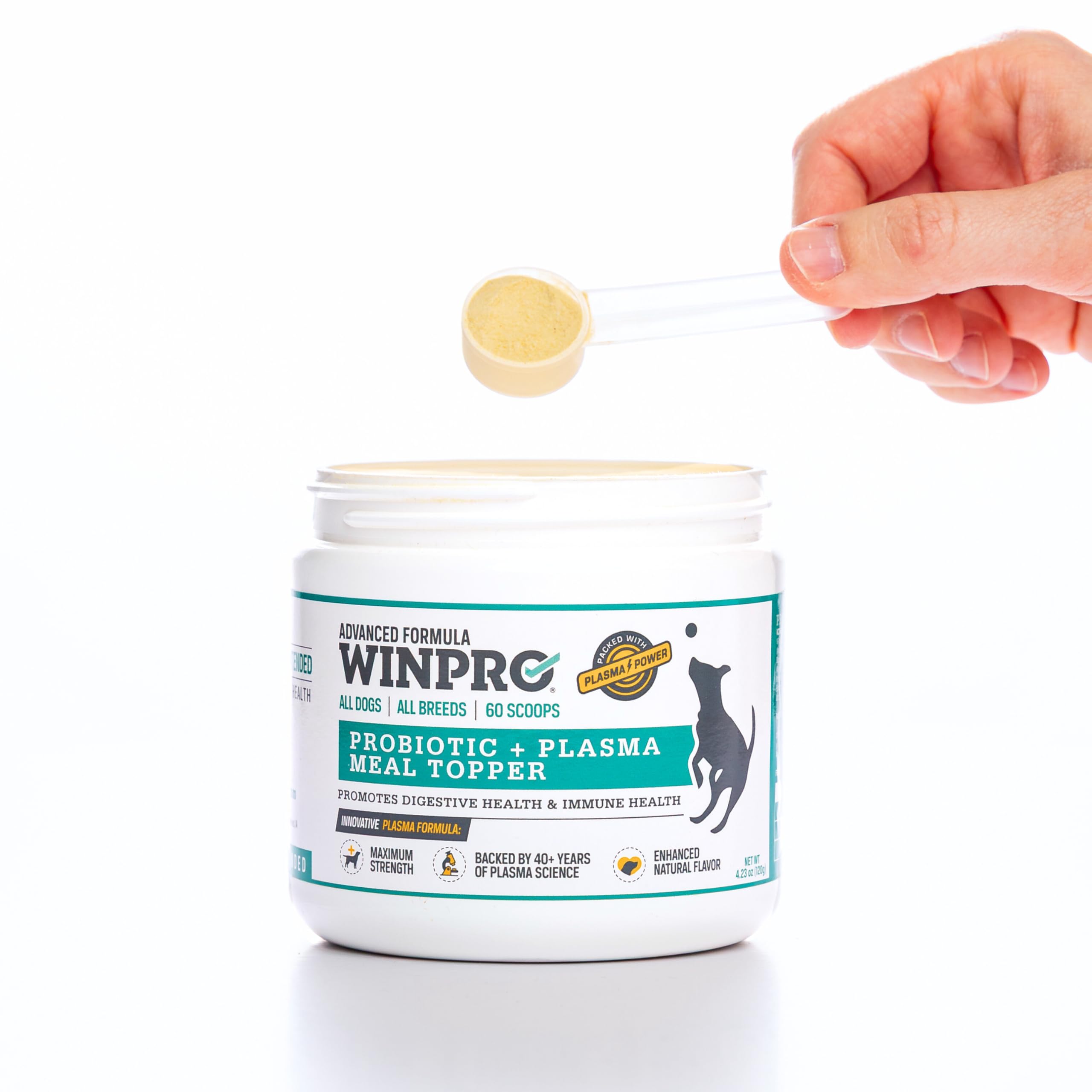 WINPRO Dog Probiotic Powder packaging highlights USA-made safety and quality.