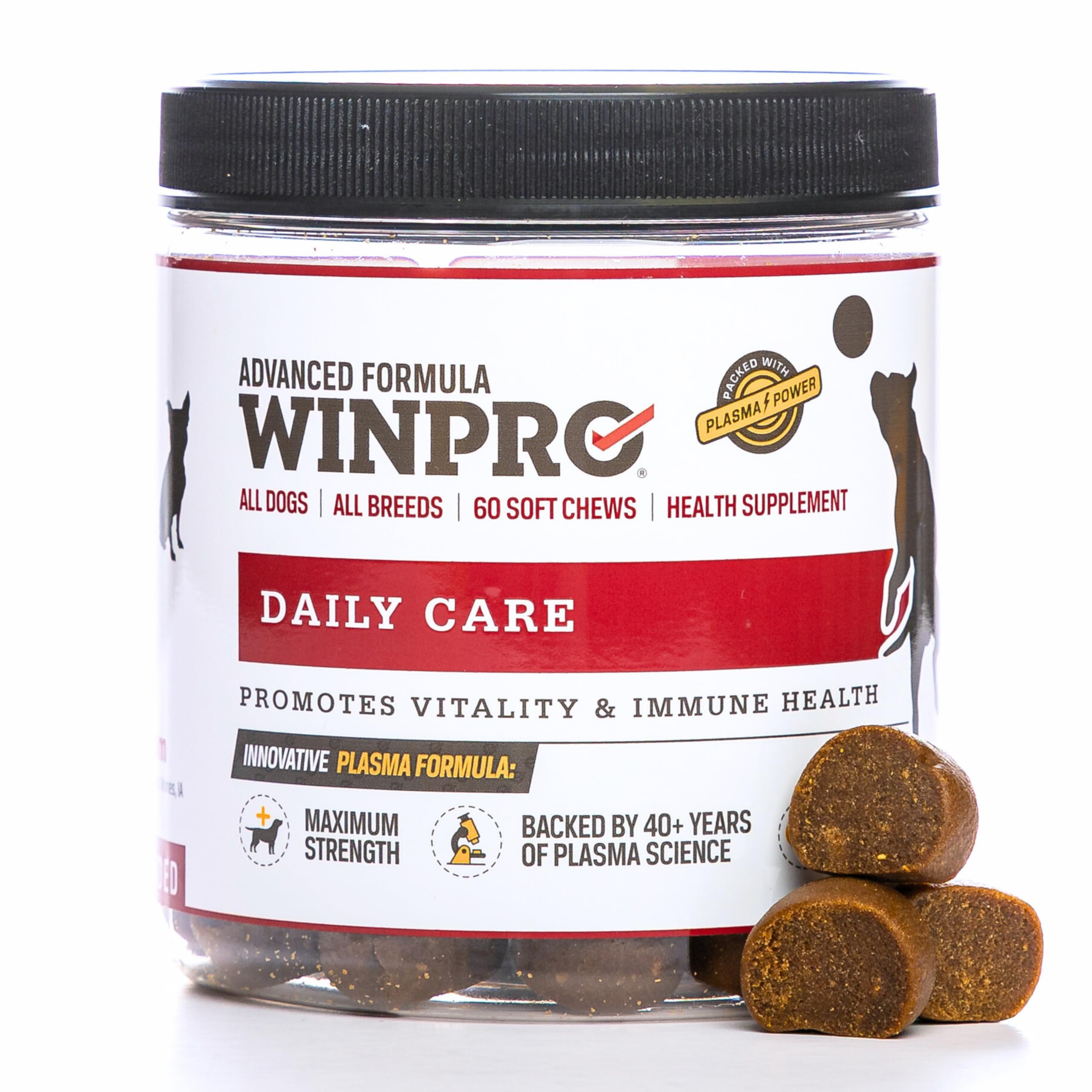 WINPRO Pet Daily Care Soft Chews canister shown, grain-free and probiotic rich
