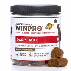 WINPRO Pet Daily Care Soft Chews canister shown, grain-free and probiotic rich