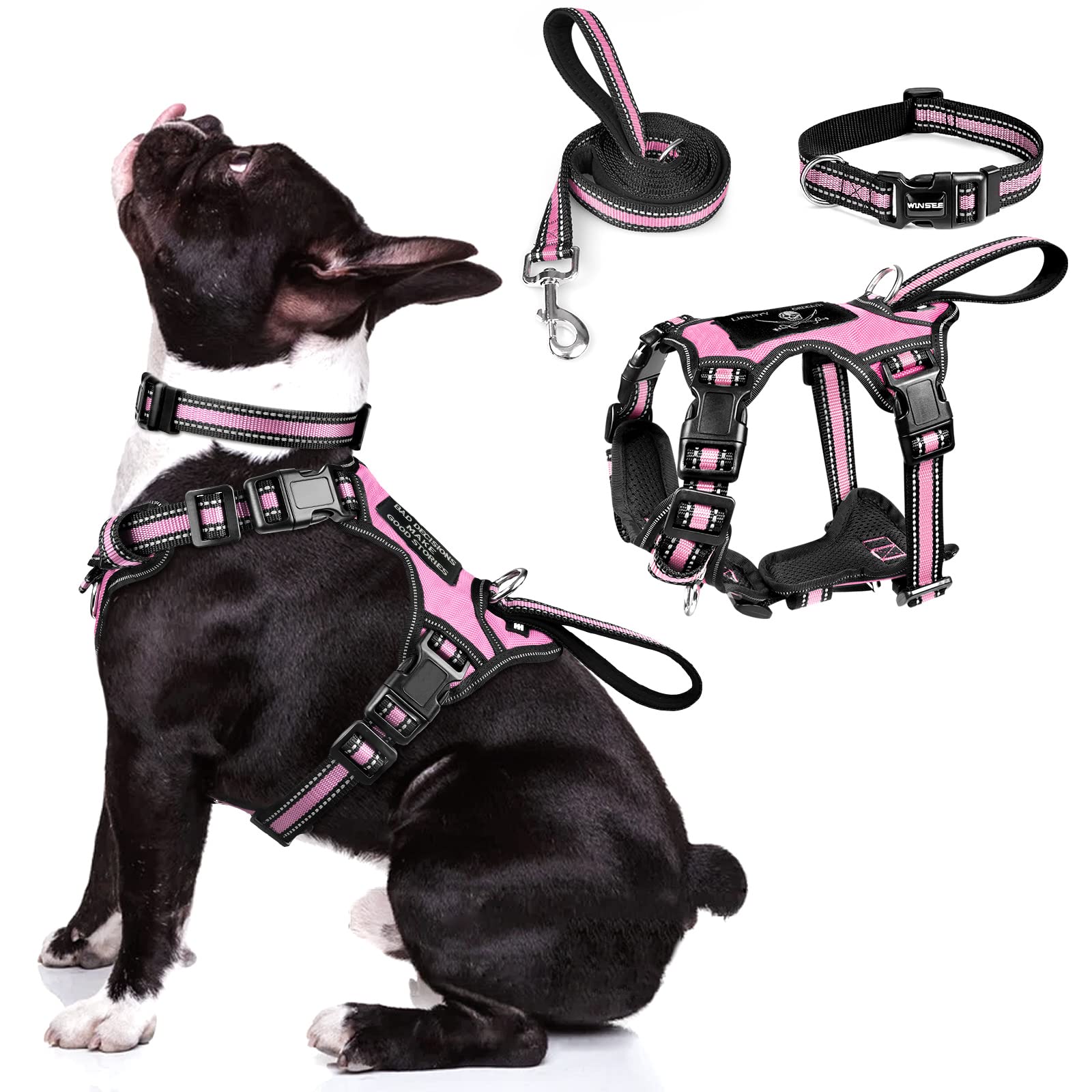 WINSEE 3-in-1 pink harness front view showing reflective straps for safer walks
