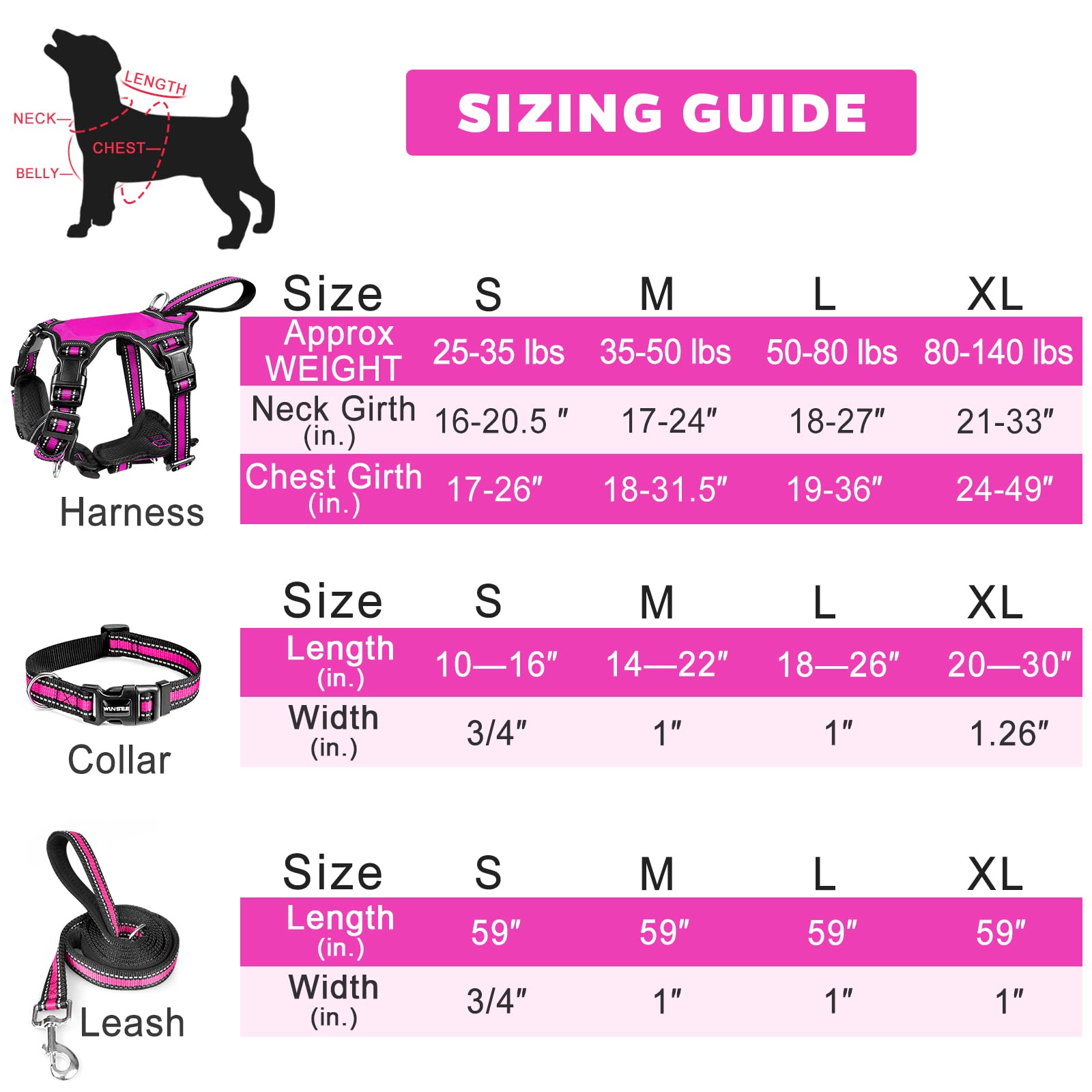 WINSEE padded harness ensures comfortable long-walk wear.