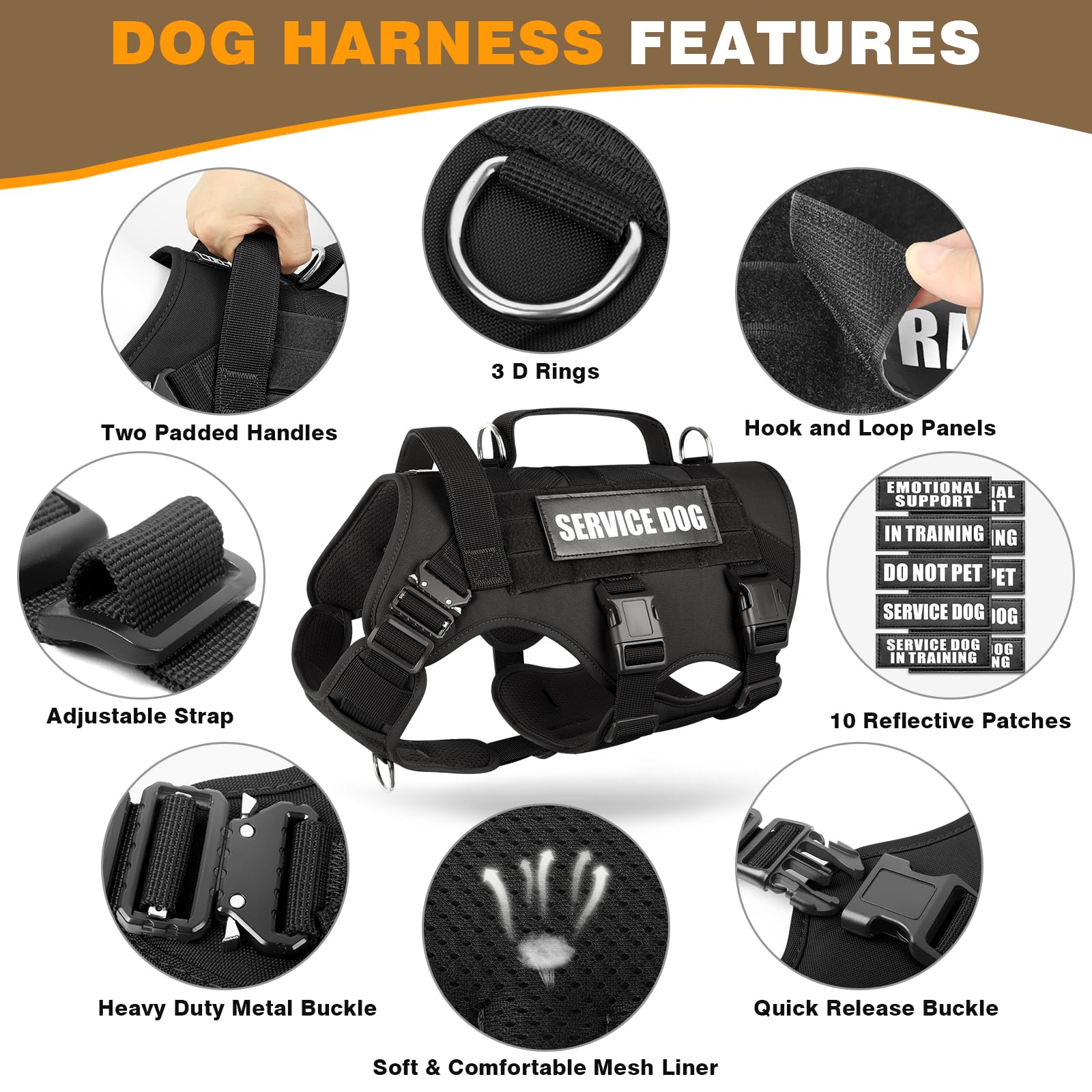 WINSEE service dog vest with metal shoulder buckles for lasting security.
