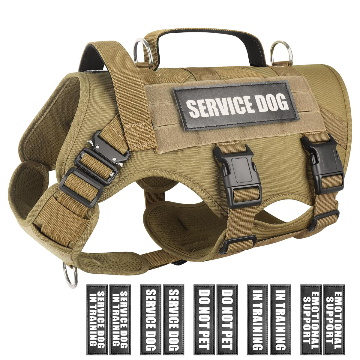 WINSEE service dog vest with MOLLE system and patches for customization.