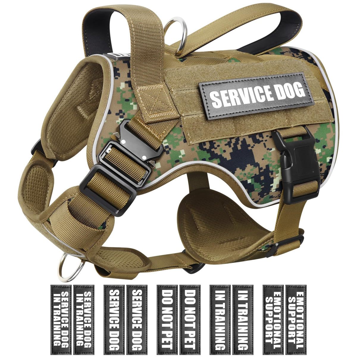 WINSEE Tactical Dog Harness front view demonstrates a secure, adjustable fit for medium dogs.