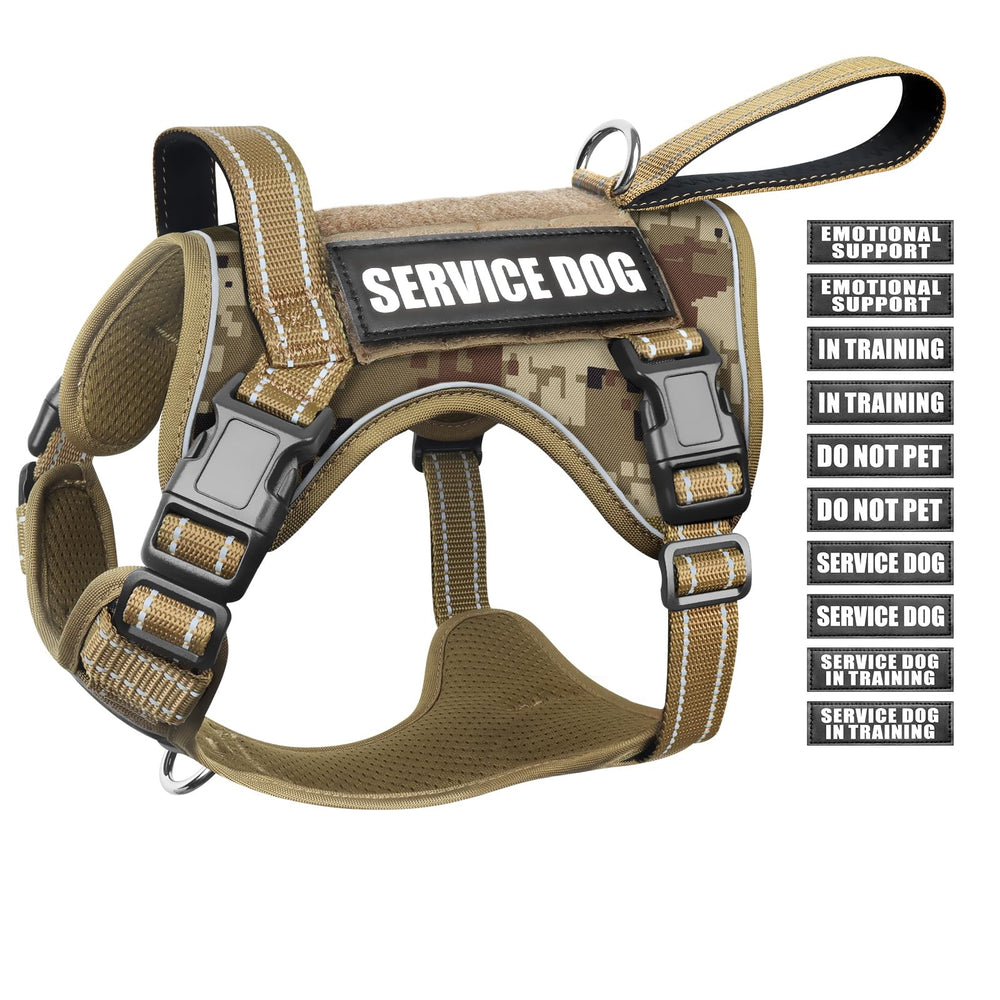 WINSEE tactical dog harness front view shows four quick-release buckles for easy on/off.