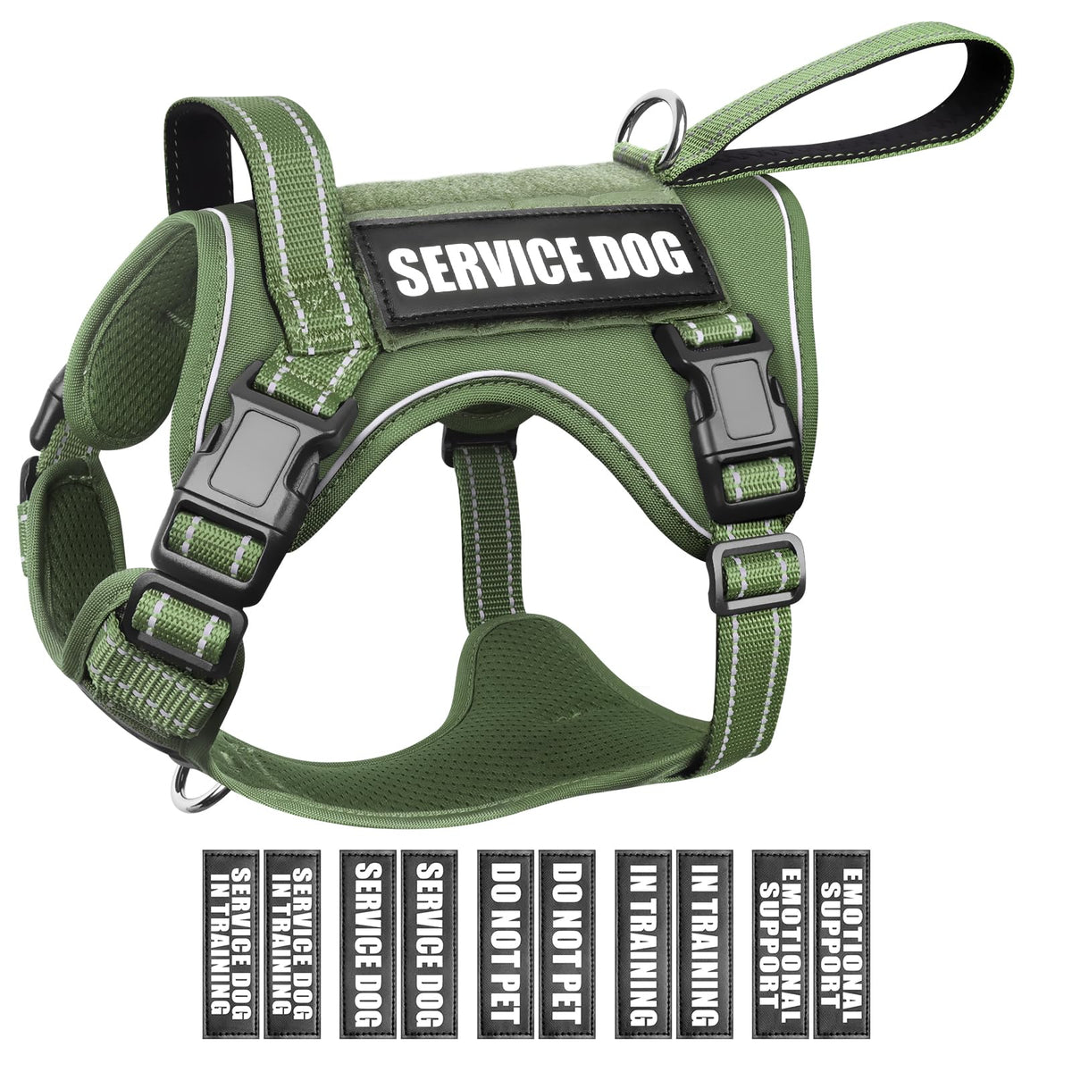 WINSEE tactical dog harness front view with quick-release buckles for easy on/off.