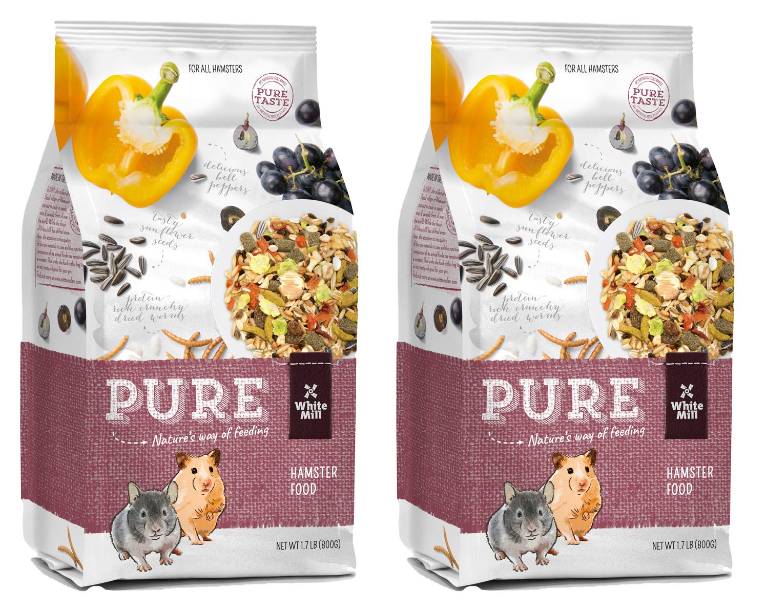 Witte Molen Pure Hamster Food packaging front shows wholesome ingredients for balanced meals.