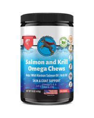 WizardPet Wild Alaskan Salmon Krill Oil Chews bottle displays packaging and omega formula.
