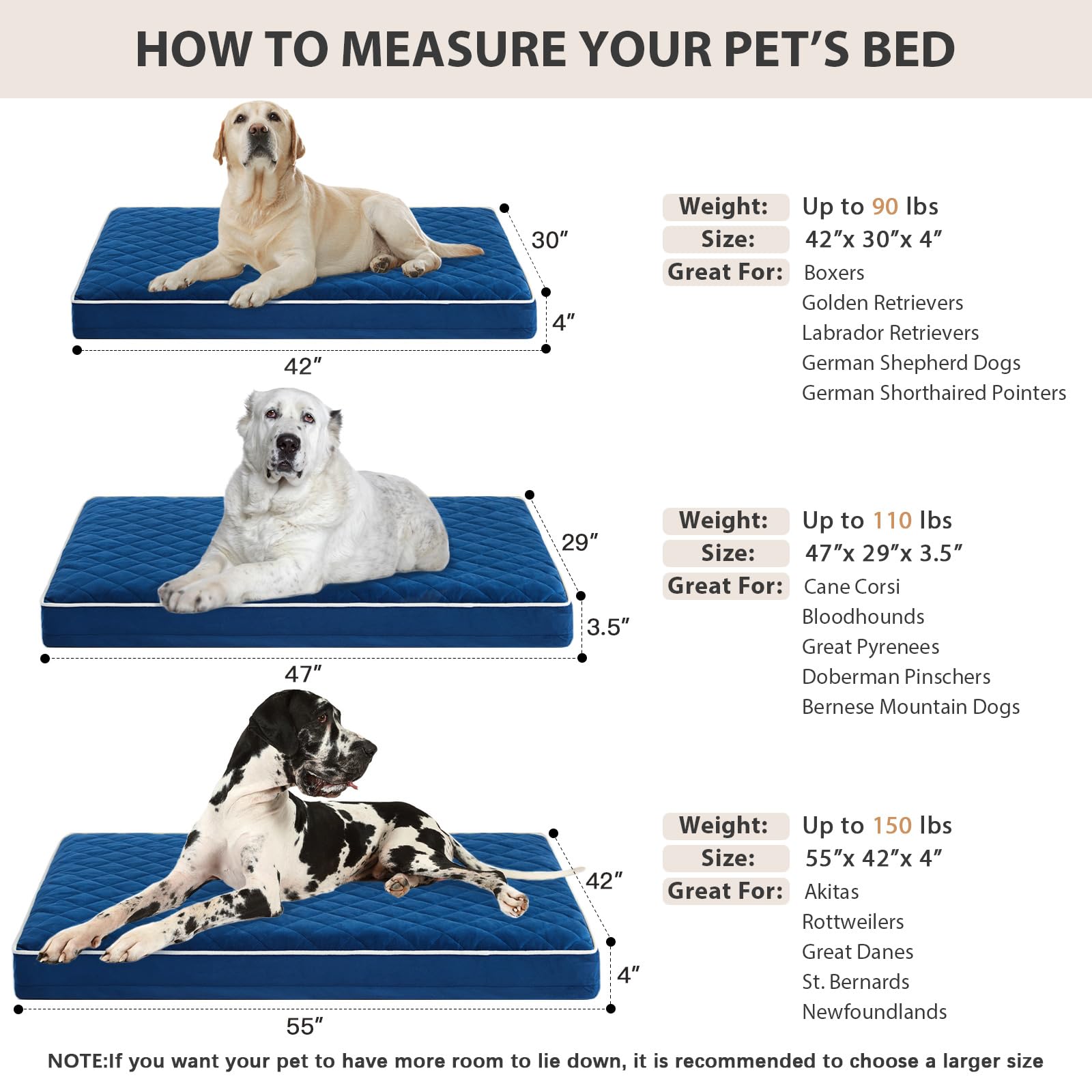WNPETHOME 42x30 inch bed fits large dogs comfortably.