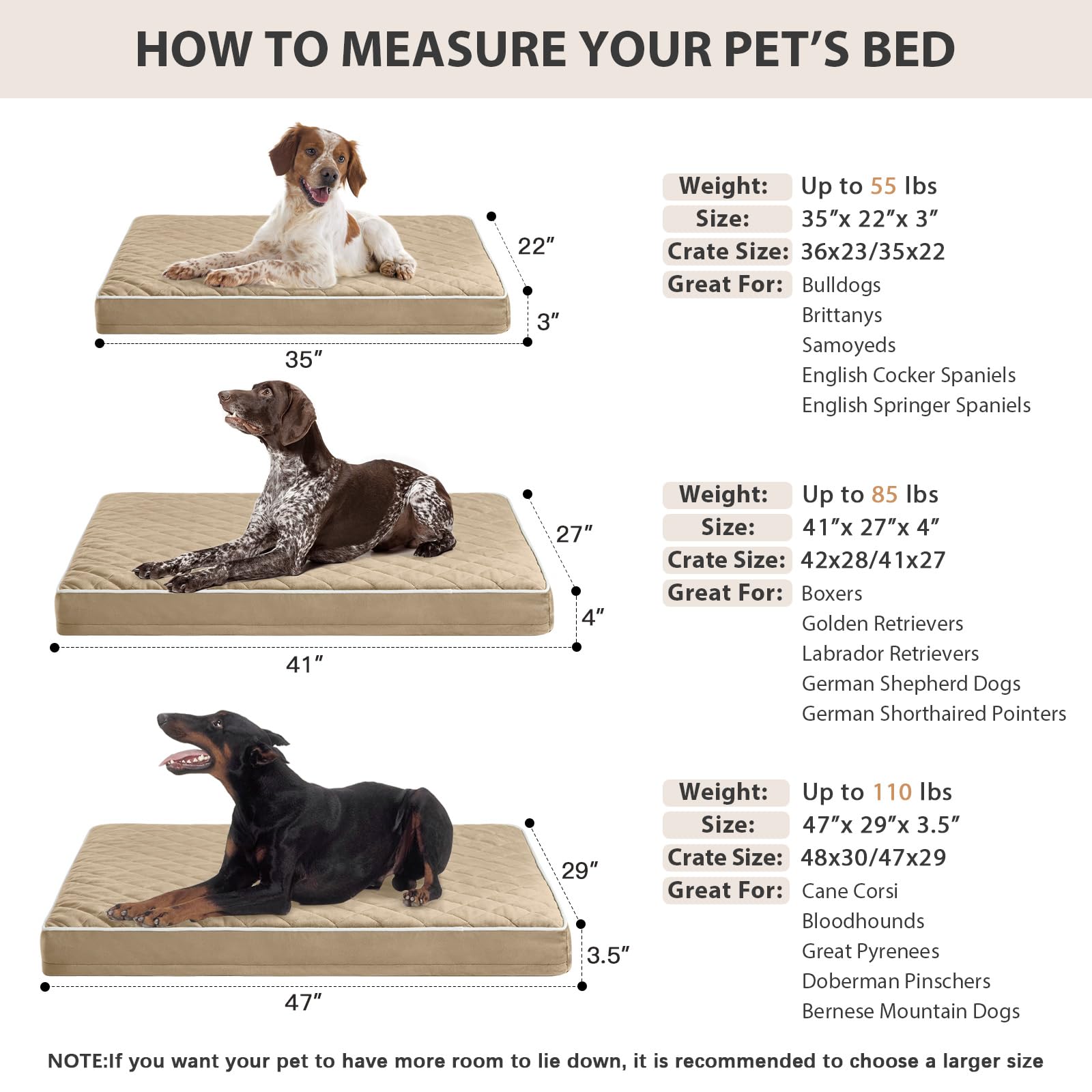 WNPETHOME 47x29 inch bed fits large dogs up to 110 pounds.