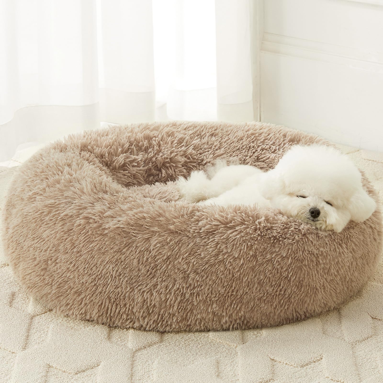 WNPETHOME calming dog bed with donut design in brown provides cozy comfort for small pets.