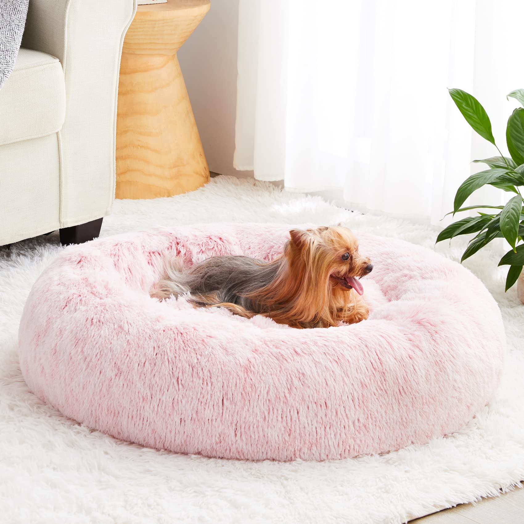 WNPETHOME calming donut bed light pink close-up fabric for comfort