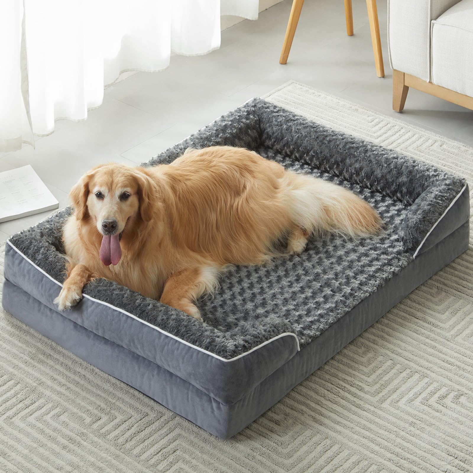 WNPETHOME XXL dog bed front view with supportive bolster for comfort