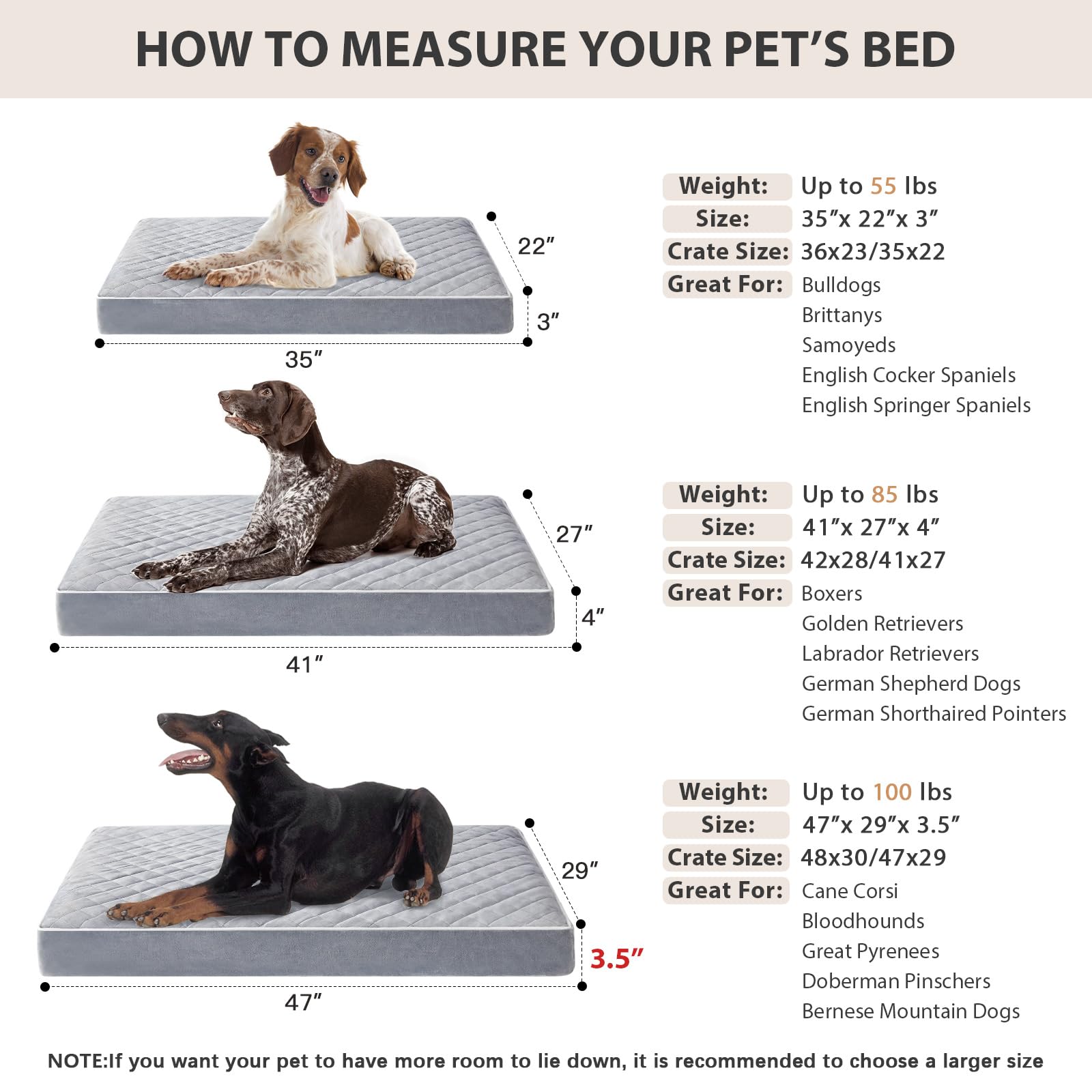 Large 47 x 29 x 3.5 inch bed for dogs under 110 pounds