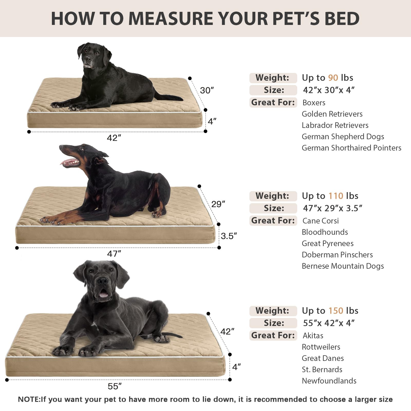WNPETHOME XL bed measures 42x30x4 inches for larger dogs.