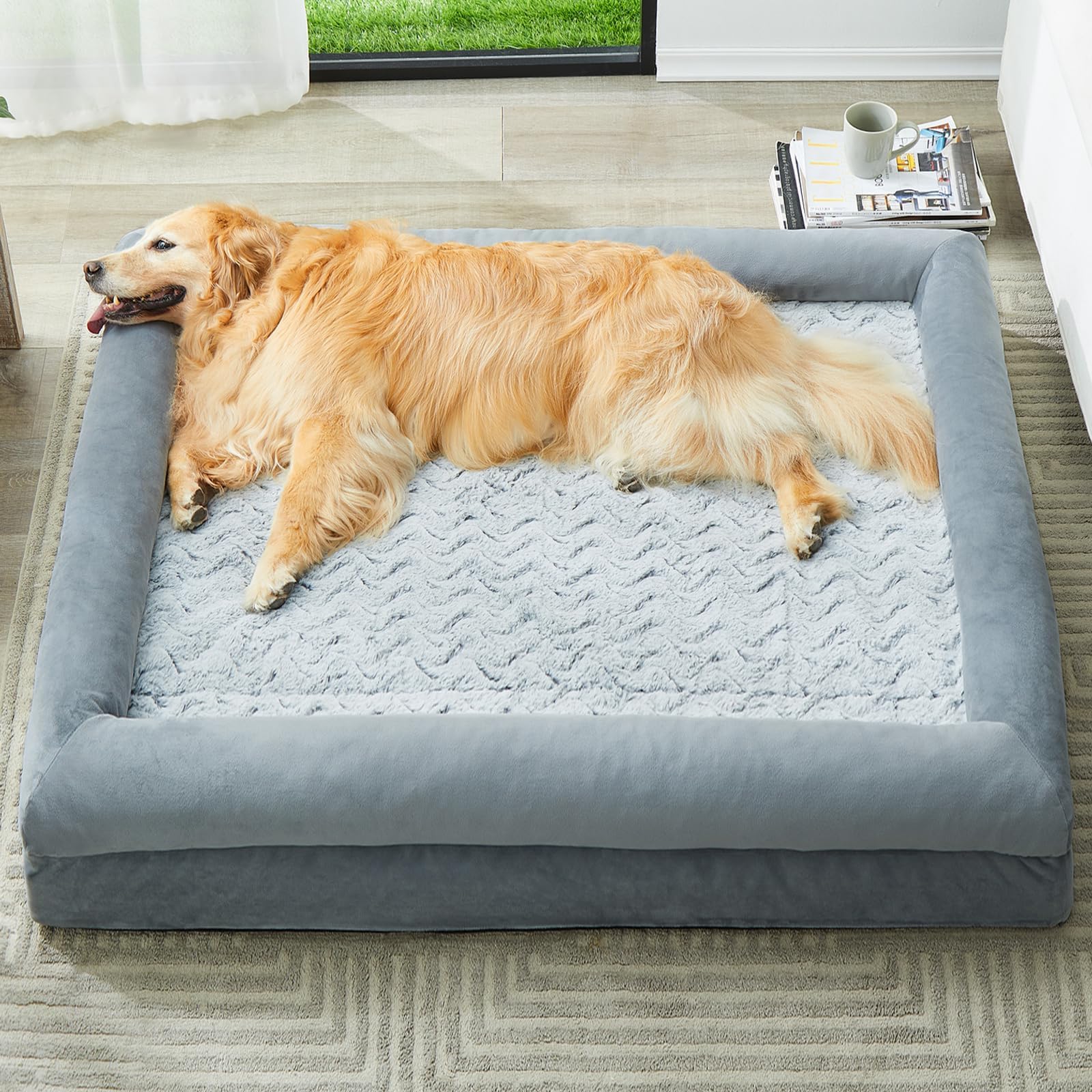 WNPETHOME XXXL dog bed front view with reinforced bolster for cozy support