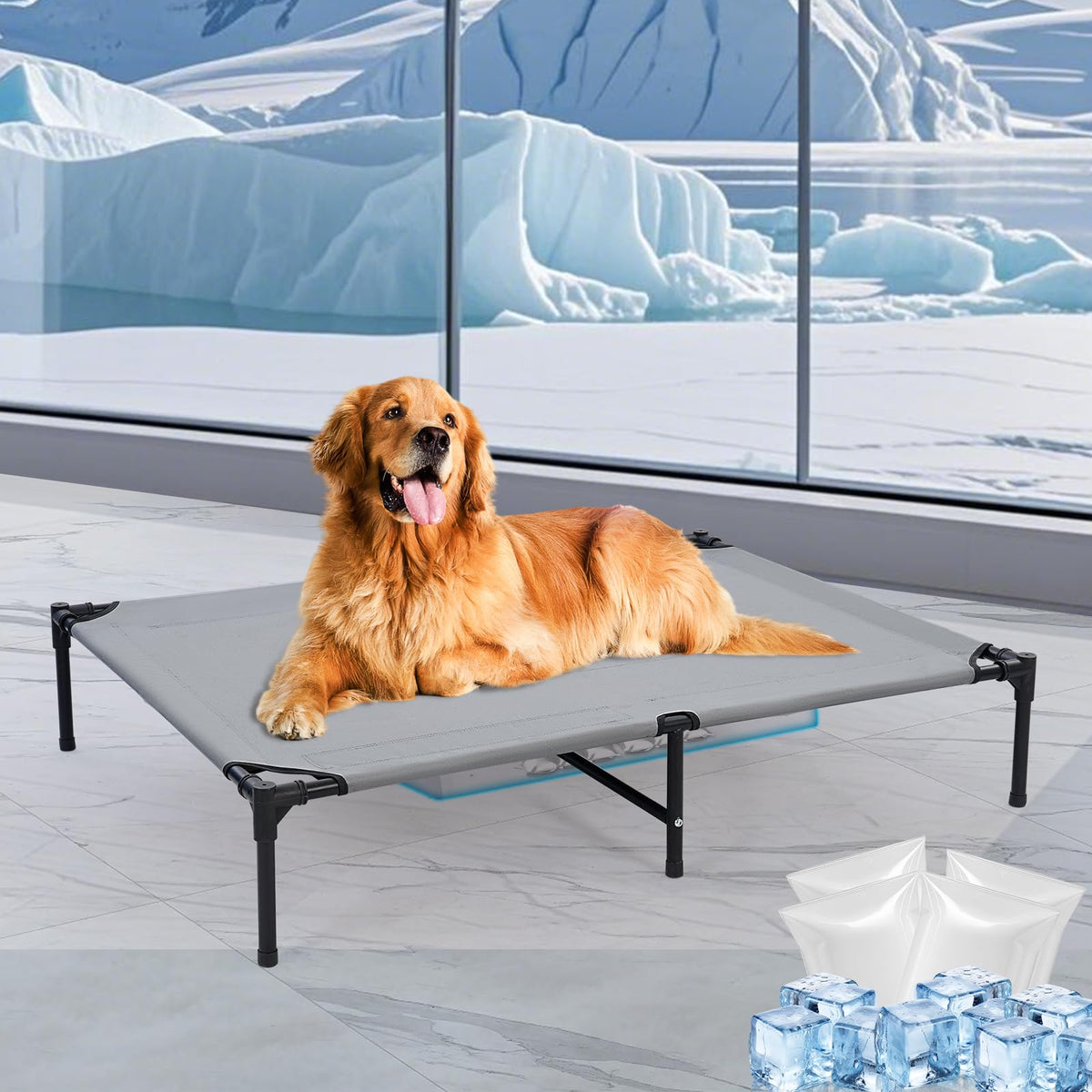 Wn’s Day 48-inch outdoor elevated dog bed with ice packs, back view for cooling.