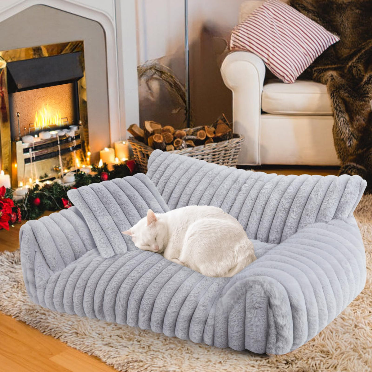 Wn's Day cute cat couch bed grey fabric closeup highlighting plush warmth.