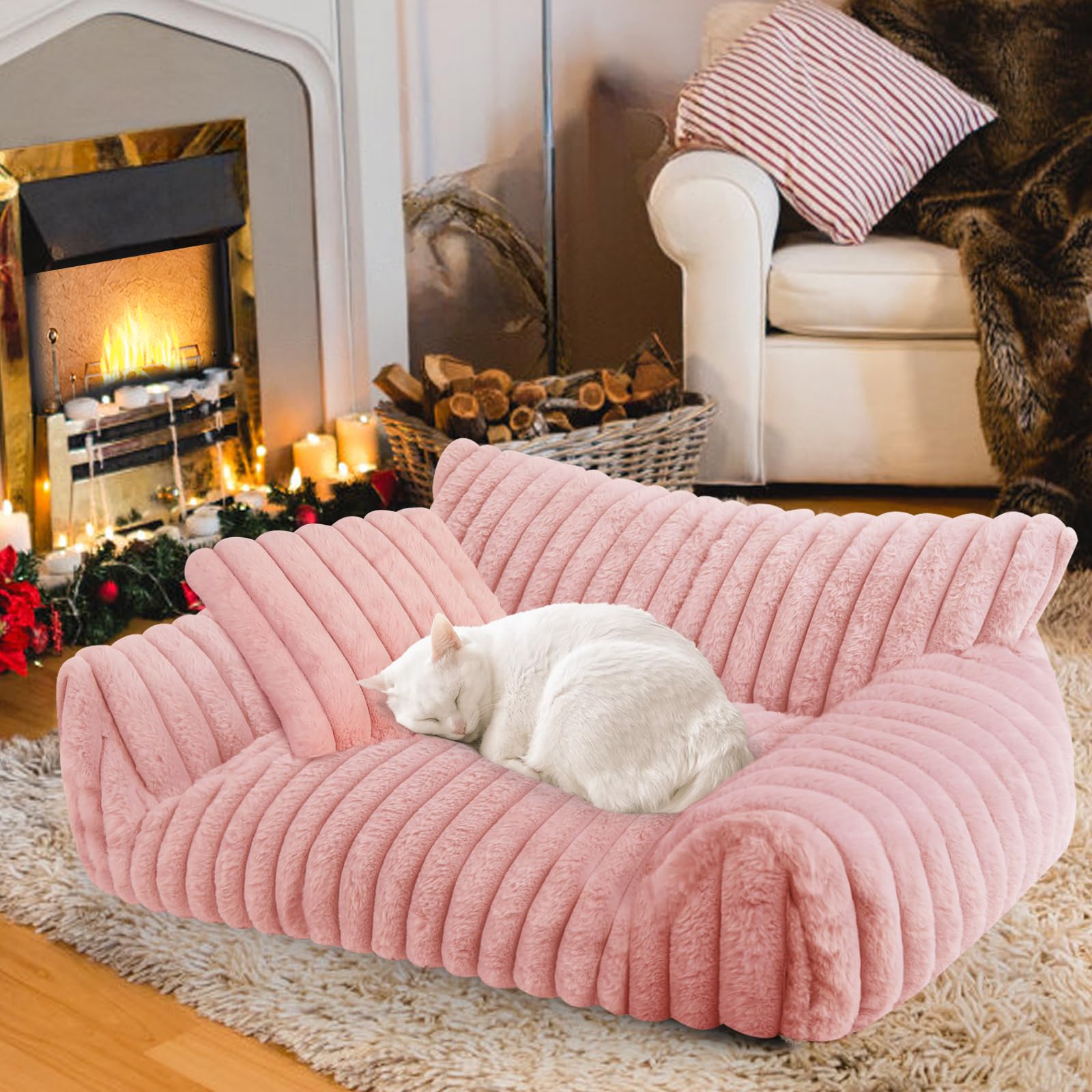 Wn's Day cute cat couch bed in pink, cozy 24x18x10 inches for indoor lounging.