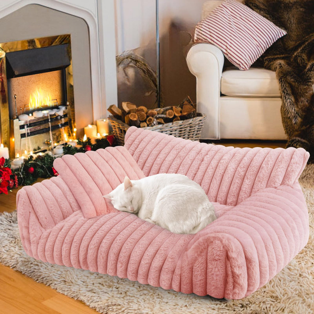 Wn's Day Cute Cat Couch Bed in soft corduroy fleece for cozy naps.