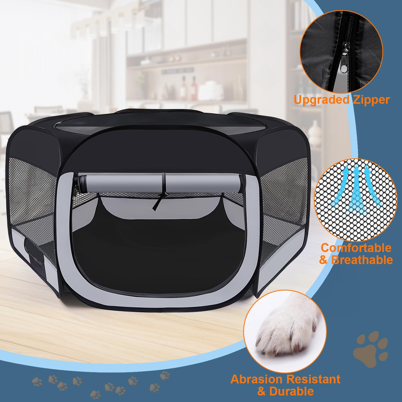 Wn's Day dog-cat playpen folds compactly with a carry bag for travel.