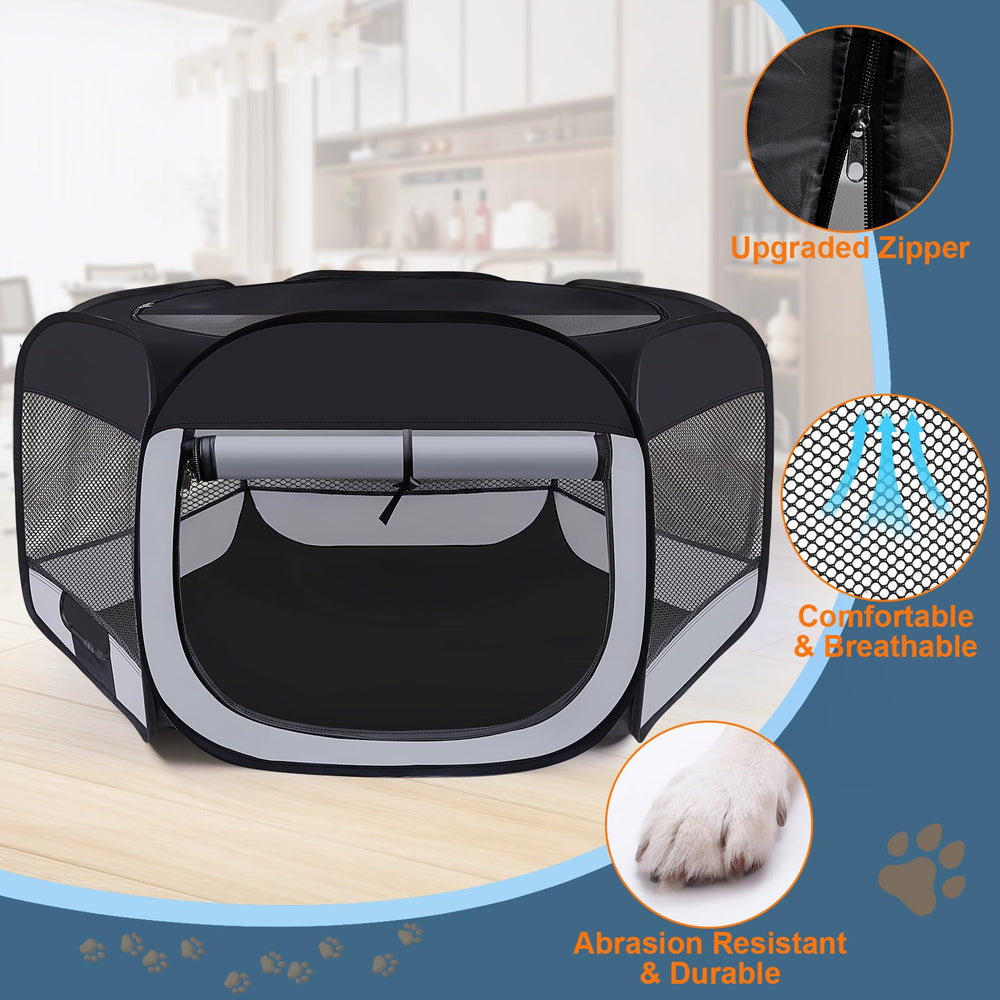 Wn's Day dog-cat playpen folds compactly with a carry bag for travel.