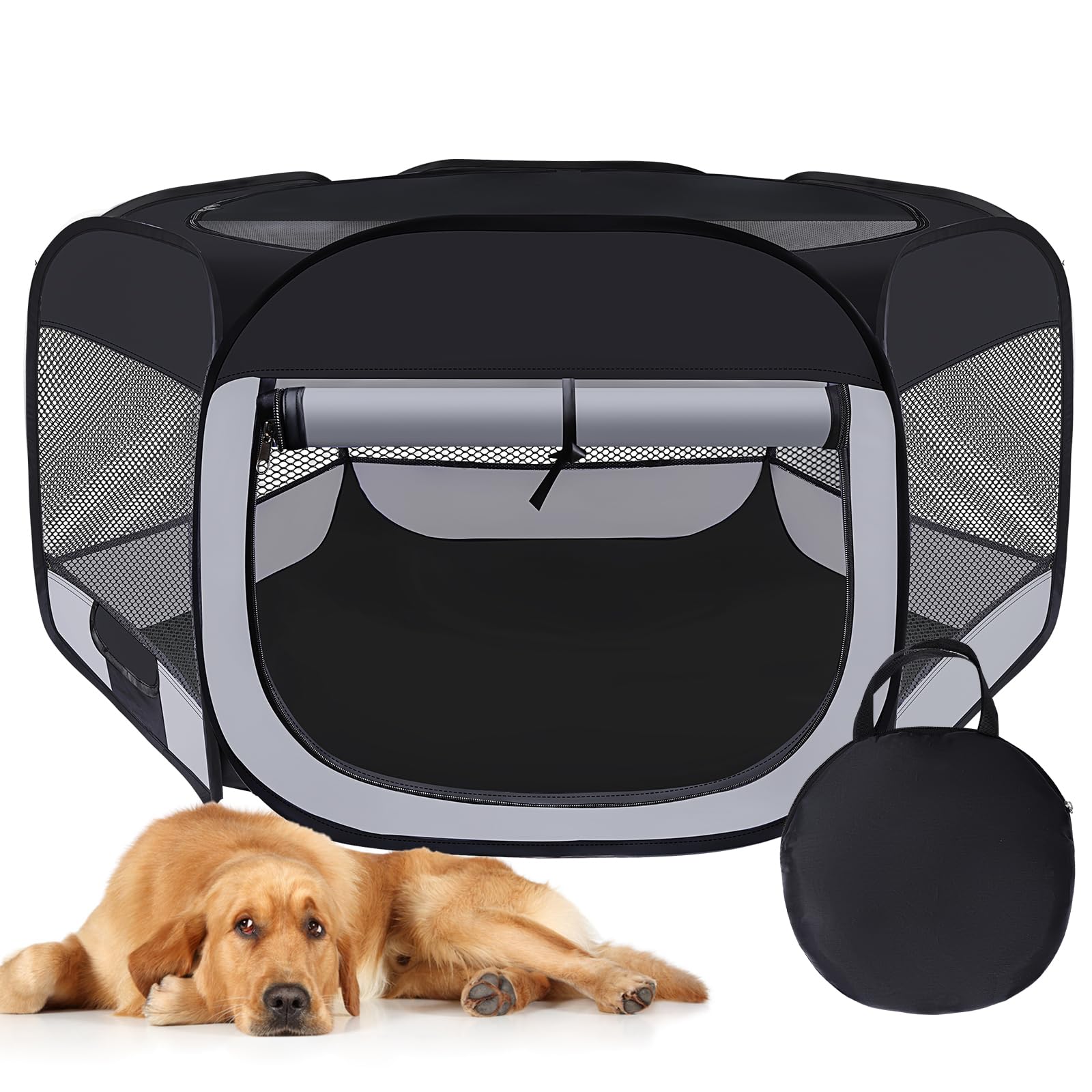 Wn's Day dog-cat playpen with removable top for indoor shade and outdoor safety.