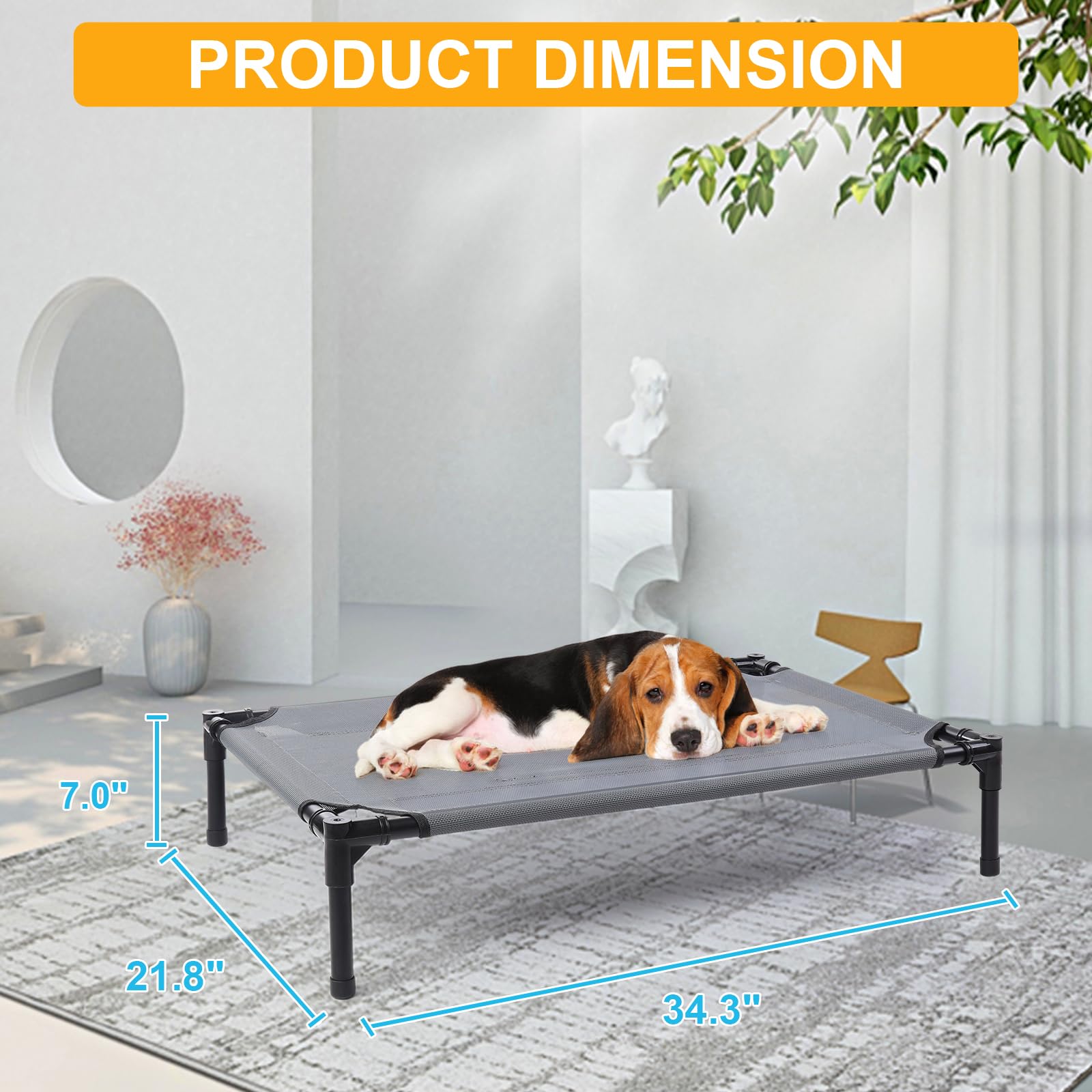 Wn's Day elevated dog bed frame close-up highlights sturdy powder-coated steel and anti-slip feet.