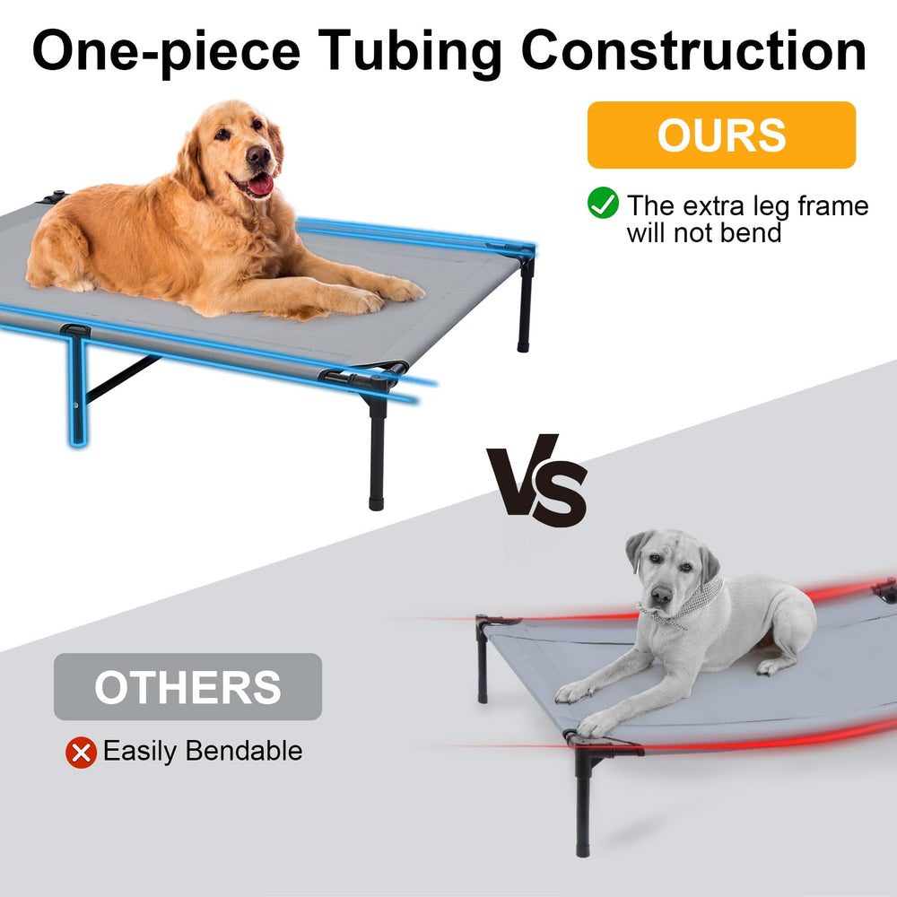 Wn’s Day elevated dog bed frame with six support feet in outdoor setup.