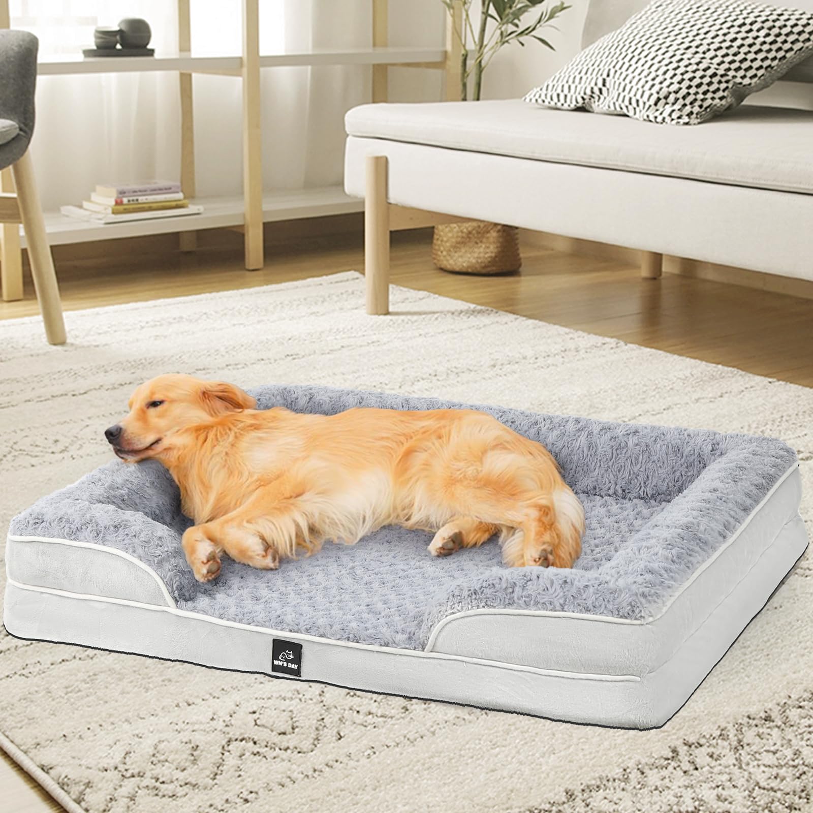 Wn's Day large dog bed shown in a cozy living room setup.