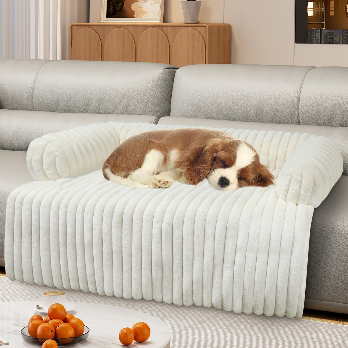 Wn's Day luxurious dog couch bed in white with plush bunny fluff for calm naps.