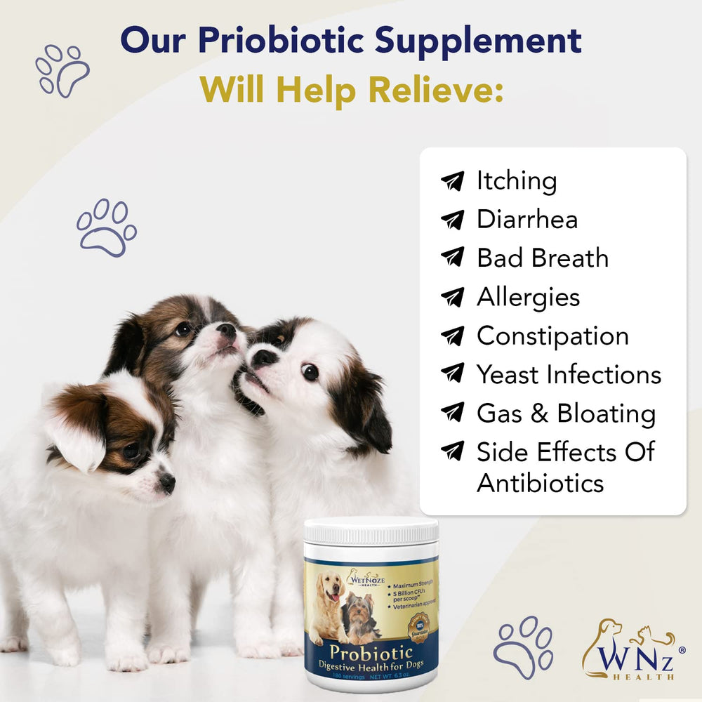 WNz Health Probiotics for Dogs label highlights chicken and bacon flavor for palatability