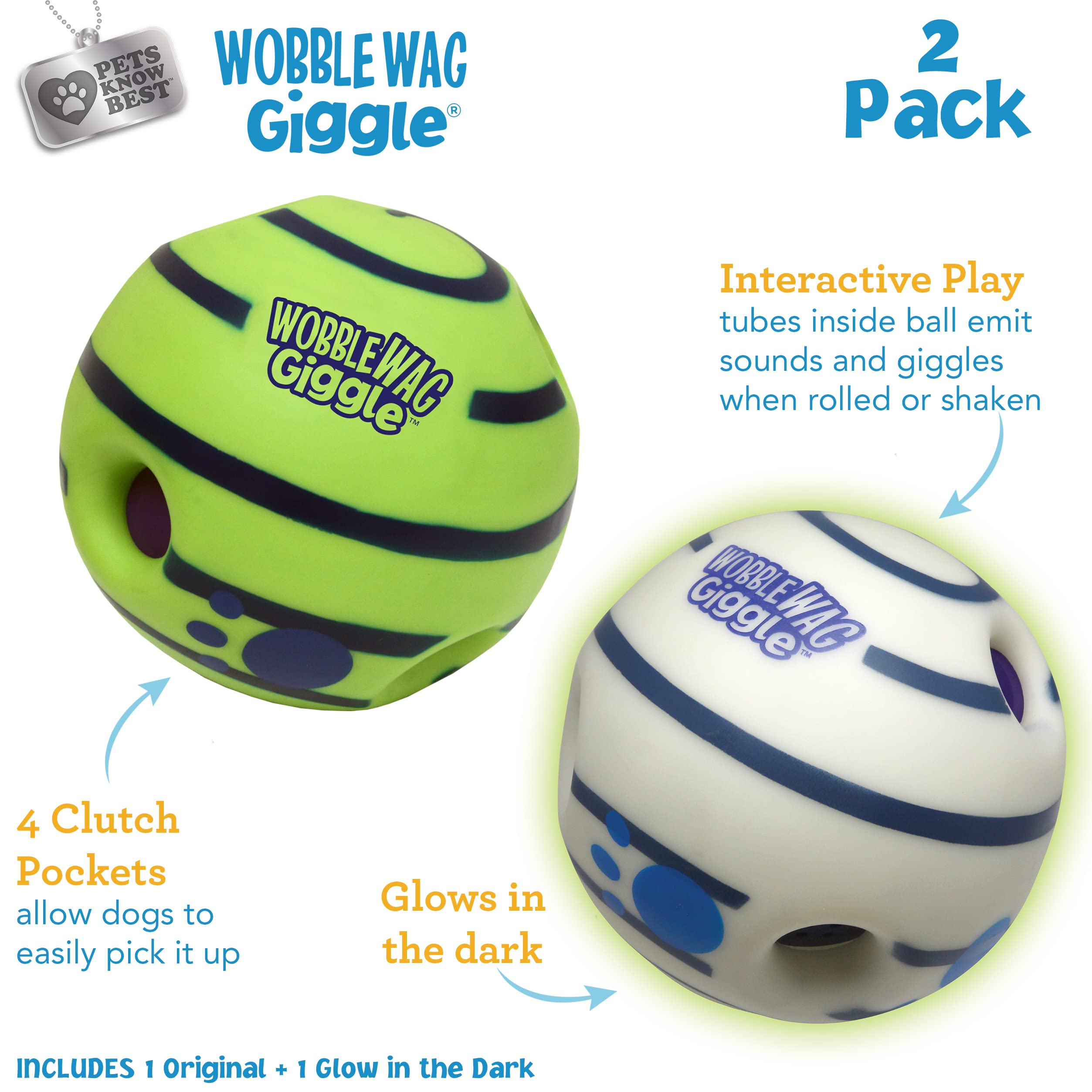 Wobble Wag Giggle Ball glow in the dark glows for night play.