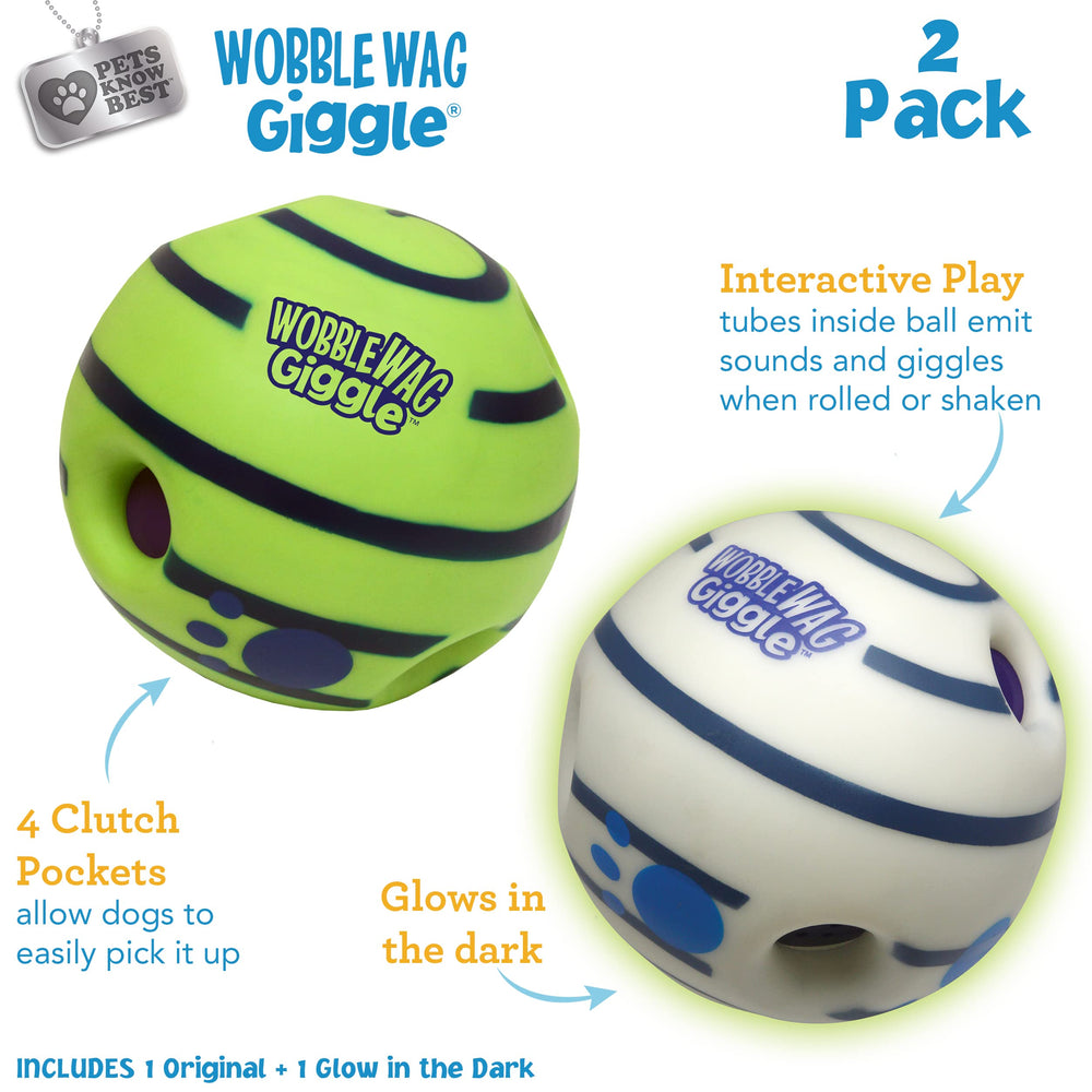 Wobble Wag Giggle Ball glow in the dark glows for night play.