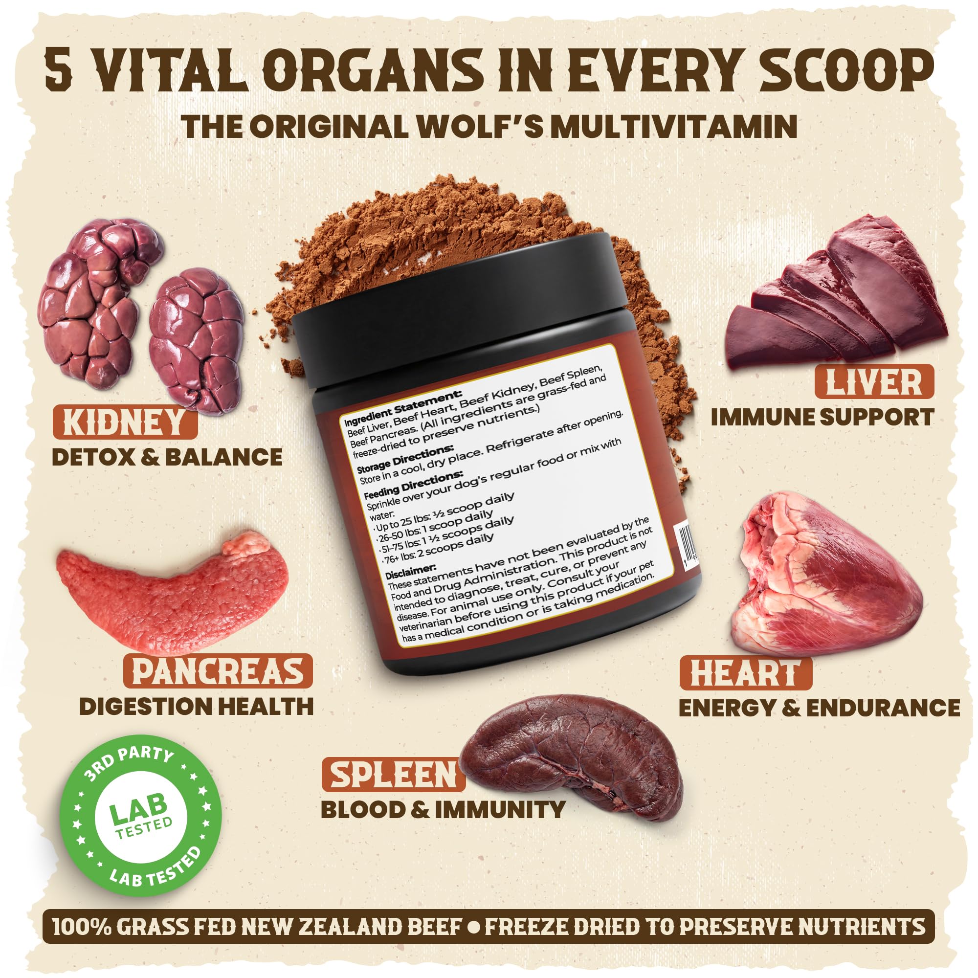 WolfRoots Alpha Organ Blend daily dosing spoon, illustrating a simple sprinkle over meals.