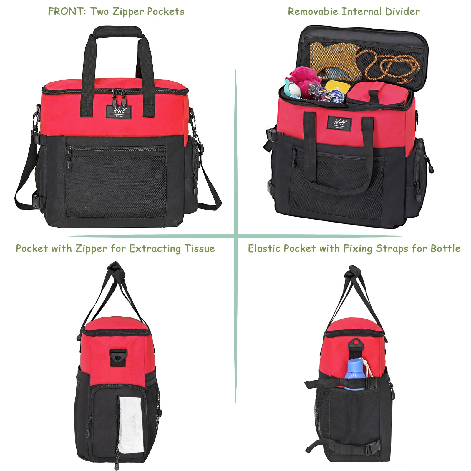 Spacious main compartment of the WOLT bag for dog essentials