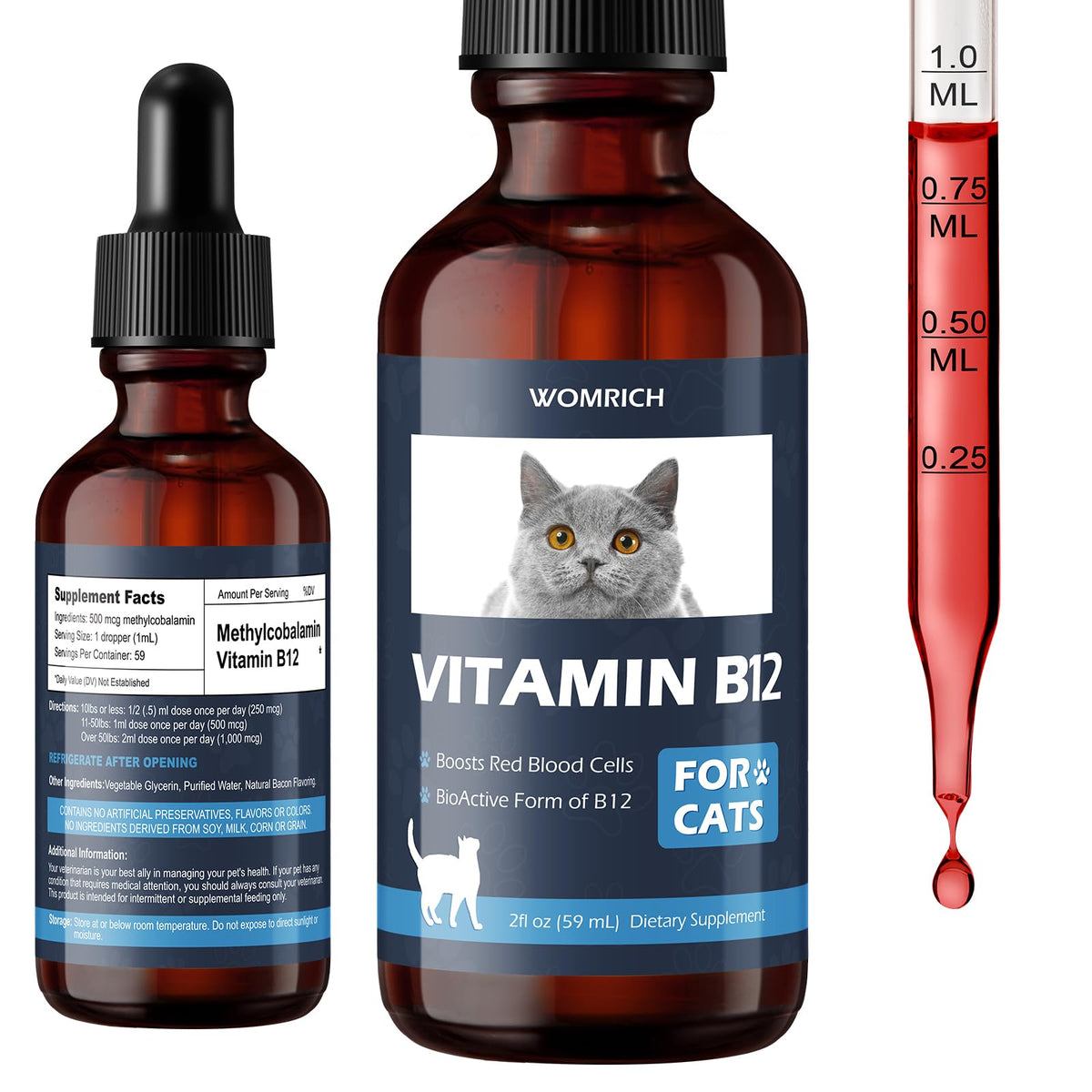WOMRICH B12 cat liquid bottle offering daily energy support and appetite aid