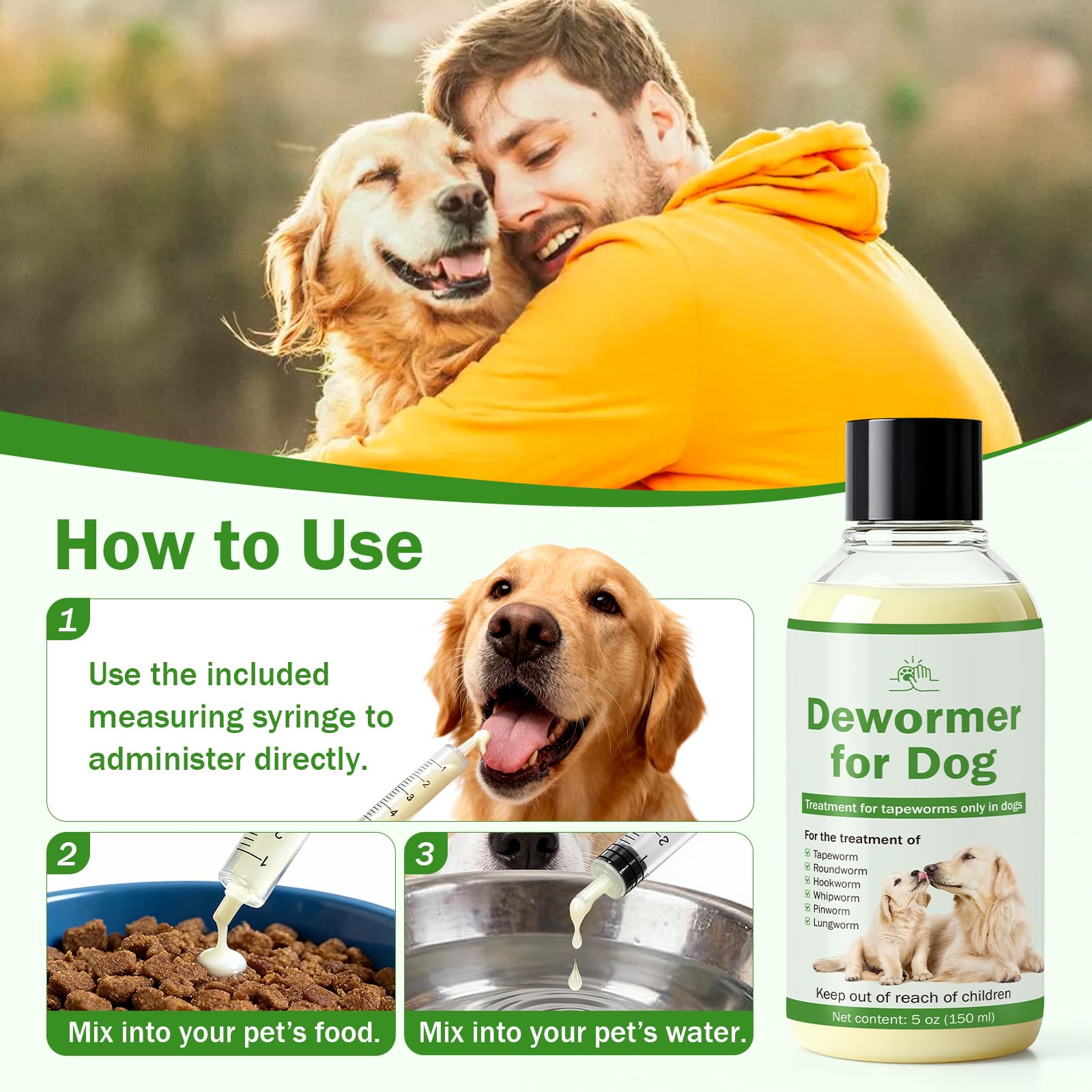 WOMRICH dewormer bottle shows brand assurance and practical dosing for households