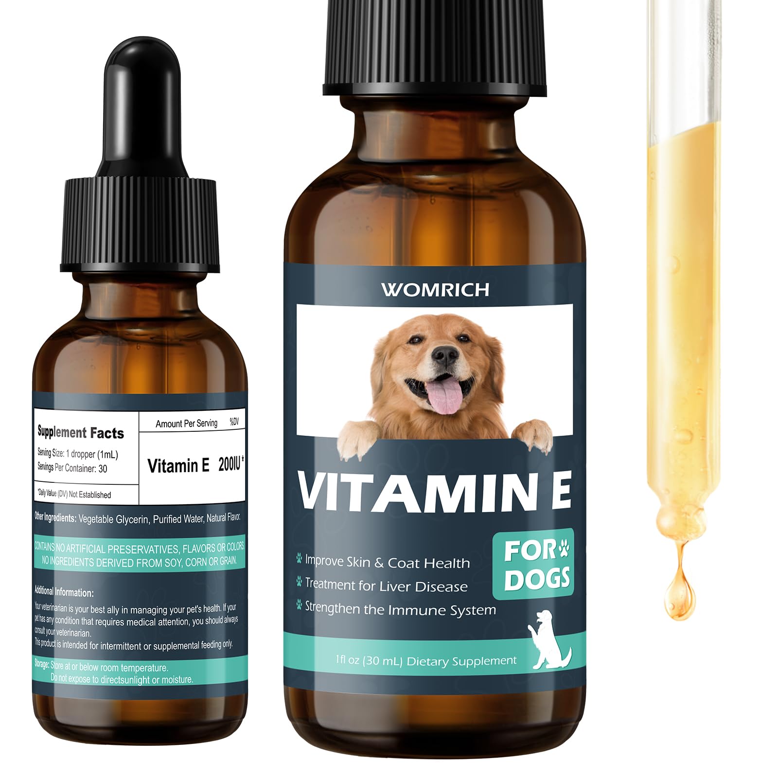 WOMRICH Vitamin E for Dogs bottle and drops highlight easy daily administration for skin support