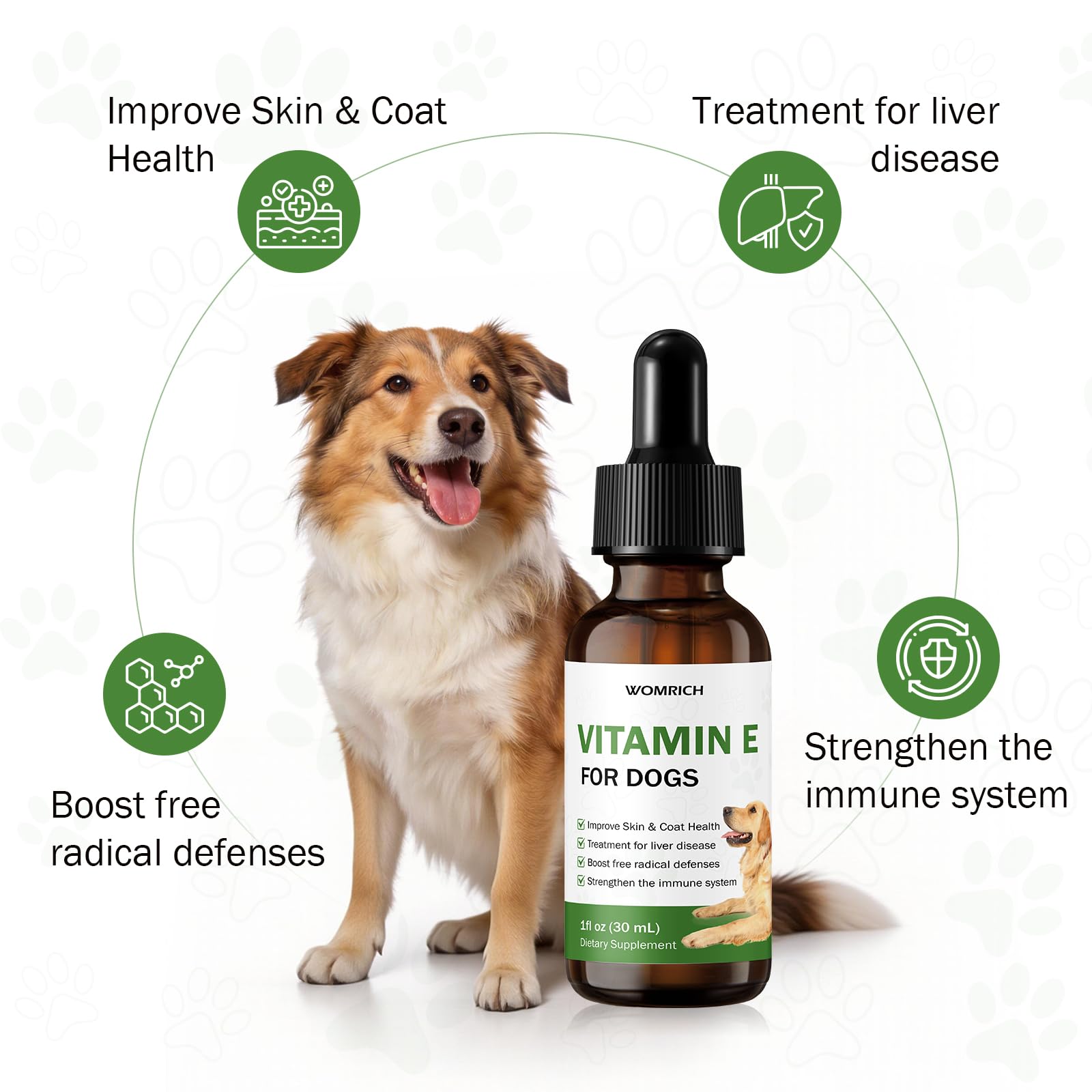 Close-up of the dropper releasing Vitamin E for Dogs for simple dosing.