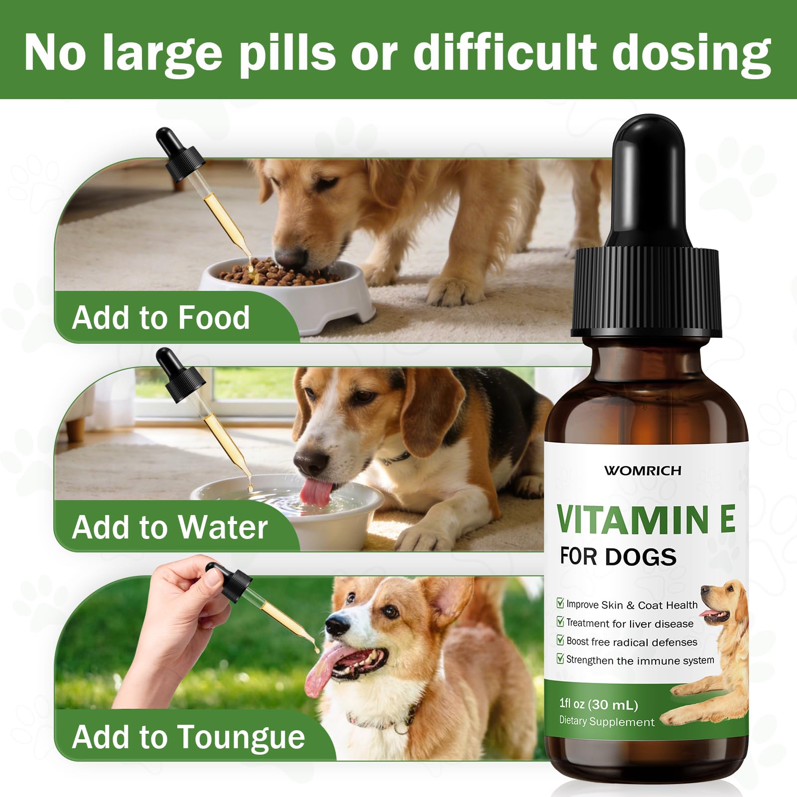 WOMRICH Vitamin E for Dogs packaging emphasizing quality and care.
