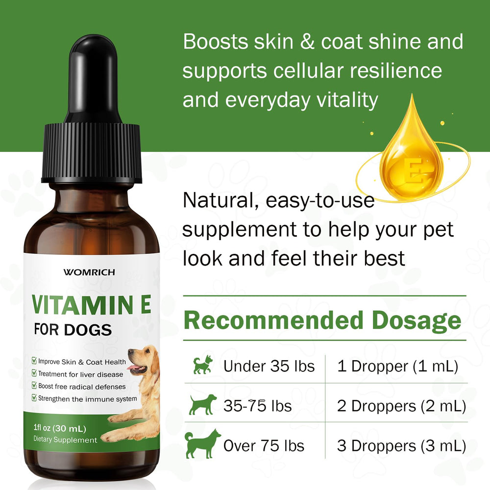 Product showing the vitamin E oil aiding skin comfort and condition in dogs.