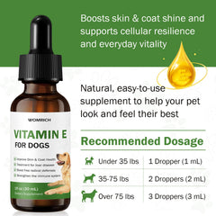 Product showing the vitamin E oil aiding skin comfort and condition in dogs.