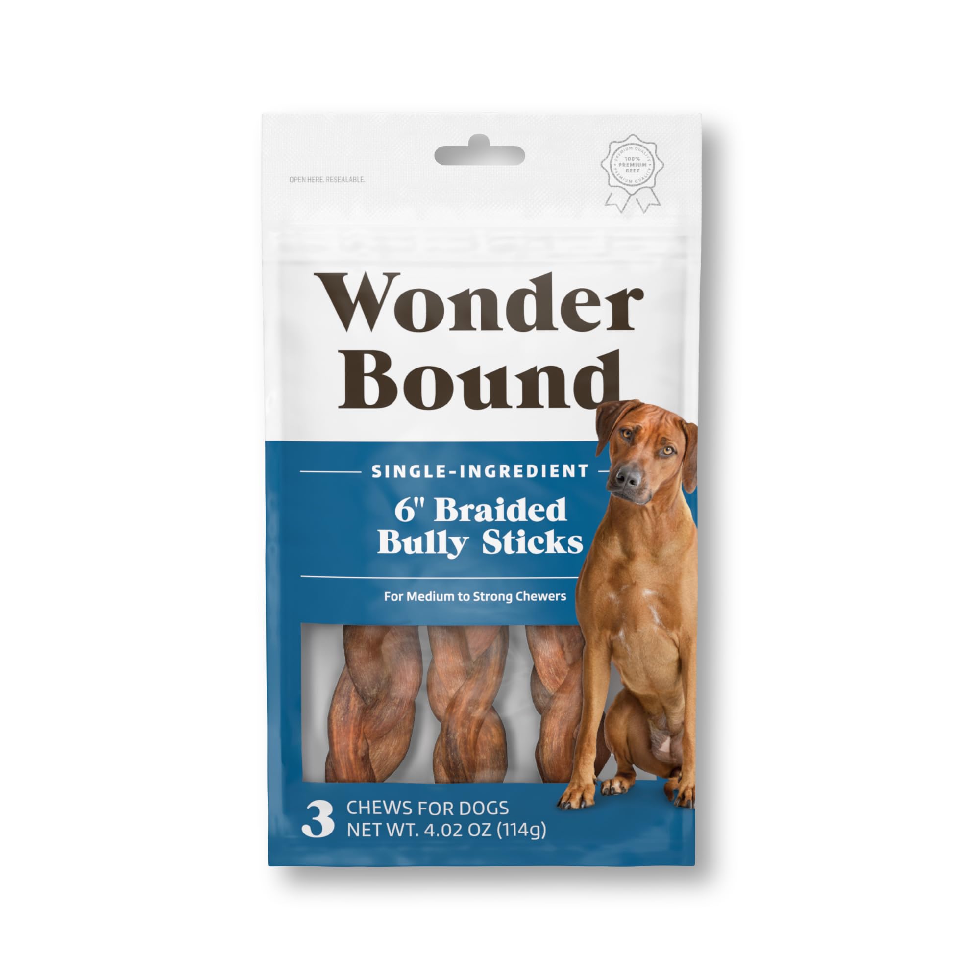 Wonder Bound braided bully sticks 6-inch pack for a long-lasting beef chew.