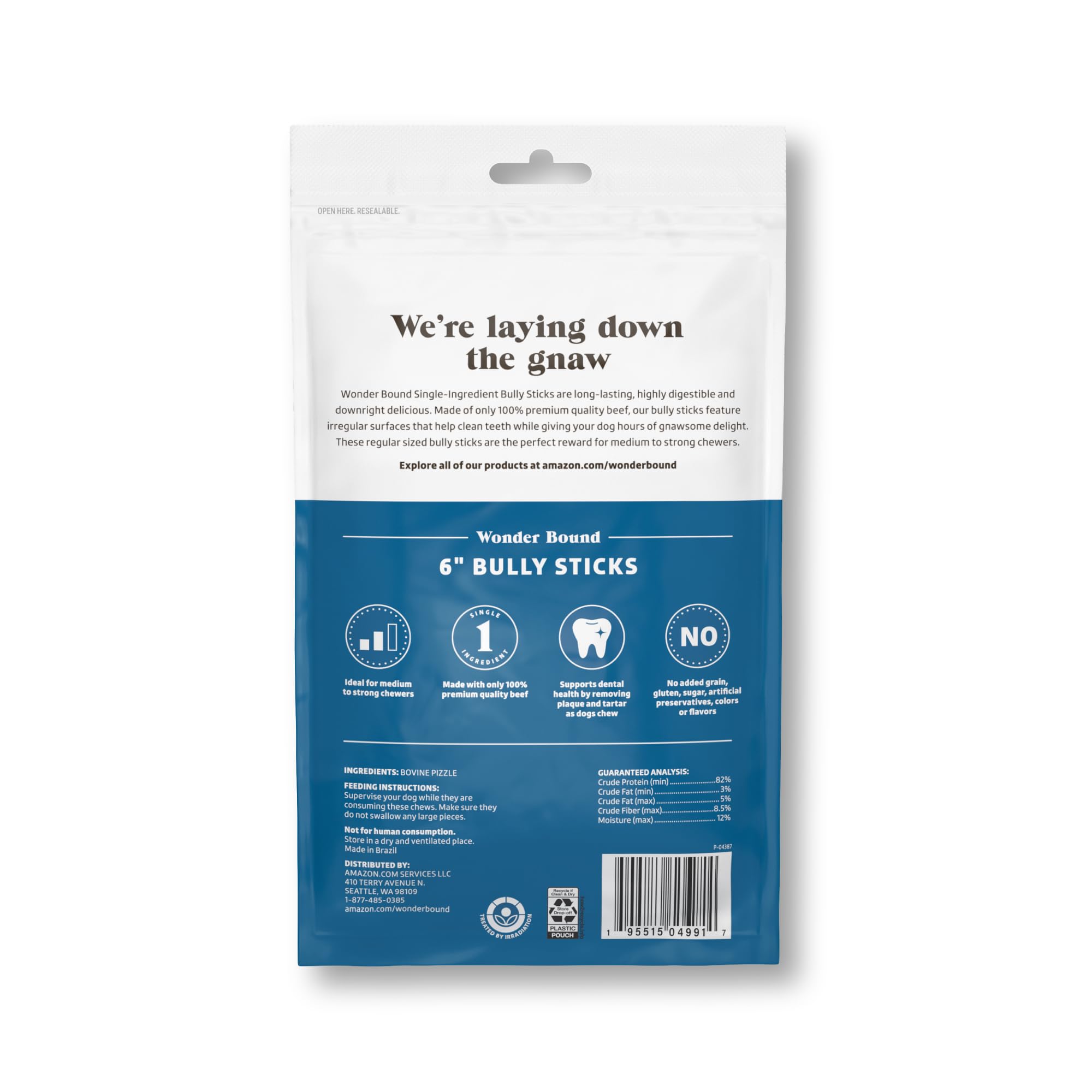 Wonder Bound Bully Sticks beef 6-inch pack back view; clear ingredient focus.