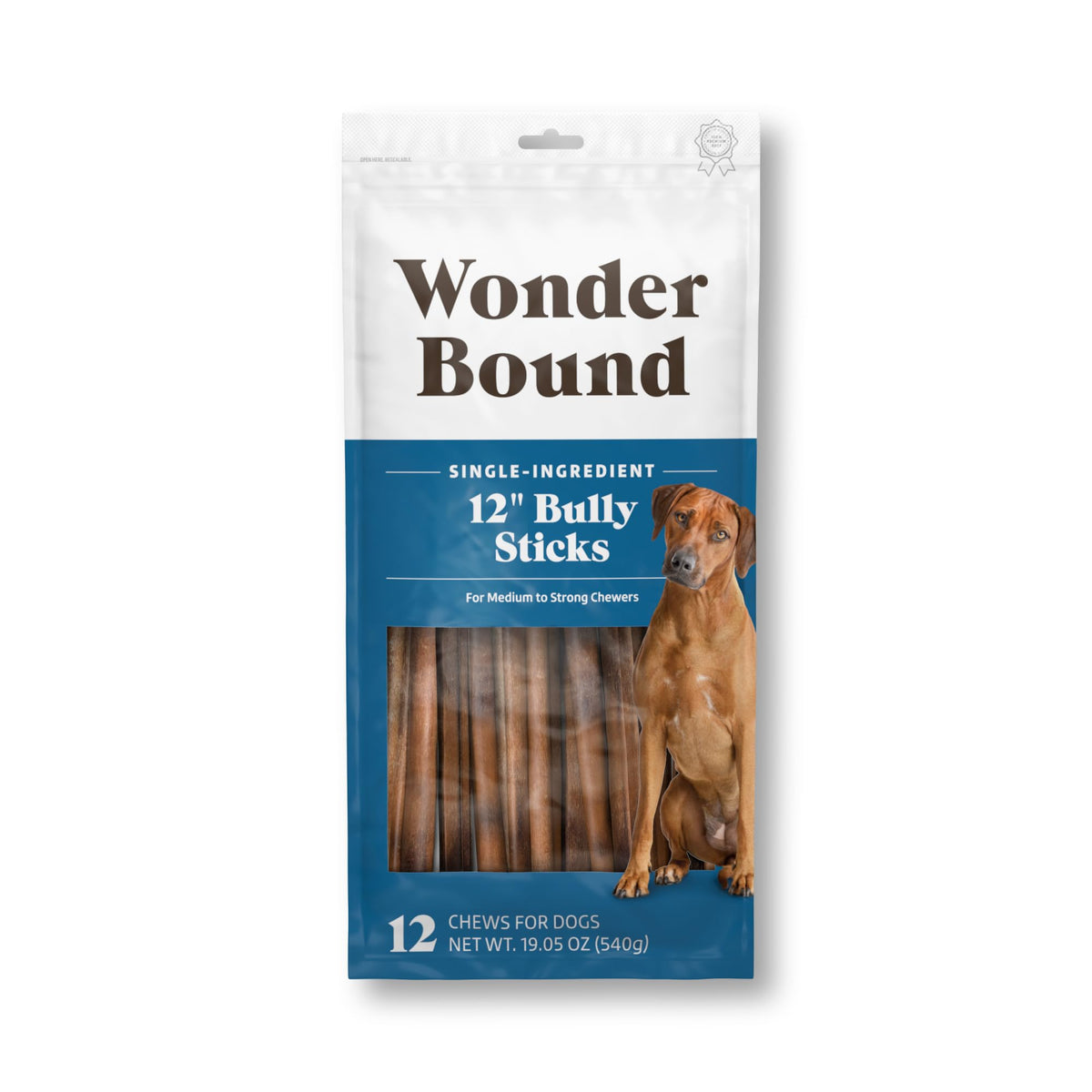 Wonder Bound bully sticks beef 12 inch chew, long-lasting for dogs.