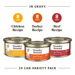 Wonder Bound Gourmet Wet Cat Food in Gravy Beef can – rich flavor for variety at mealtime.