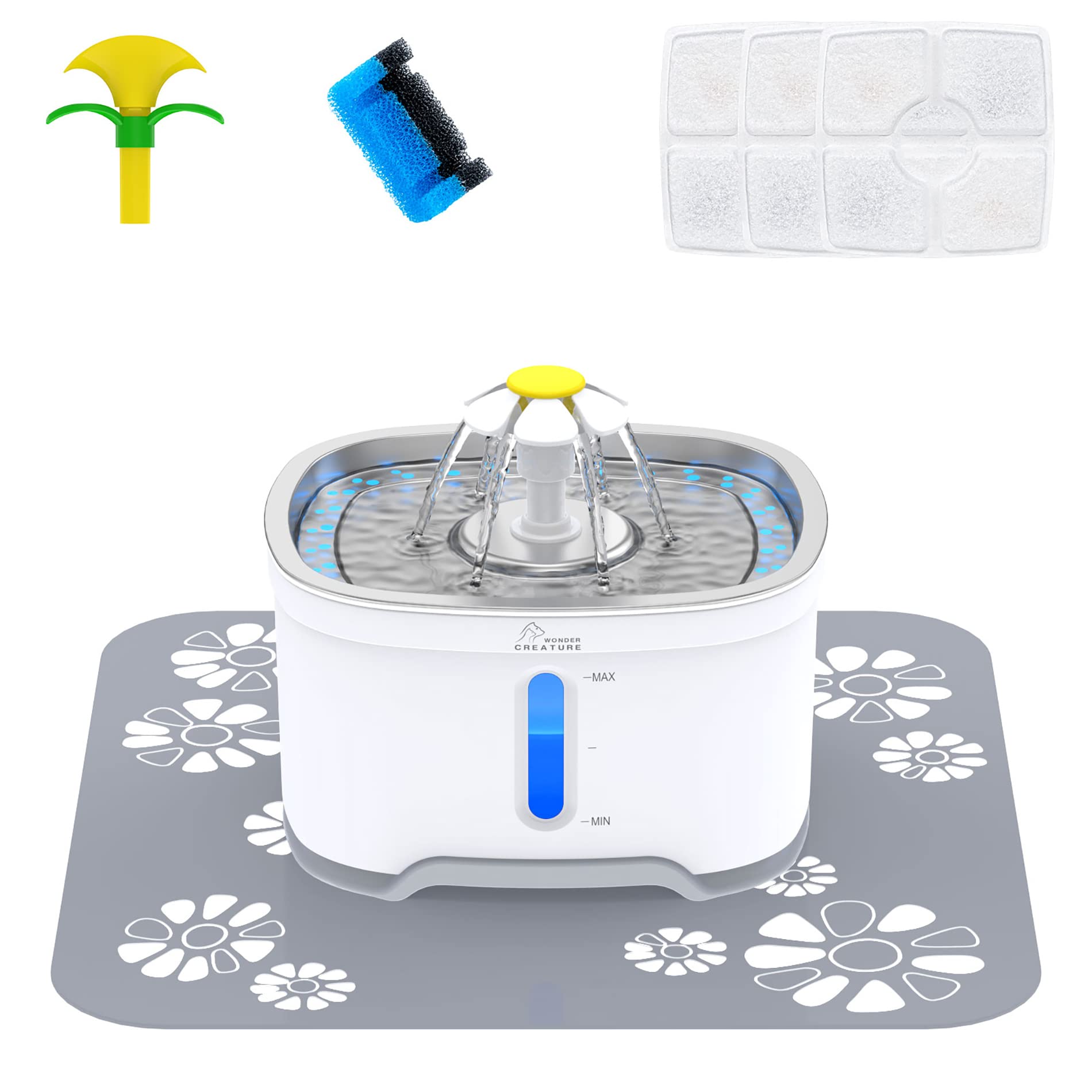 Wonder Creature cat fountain with stainless steel top for durable, hygienic hydration.