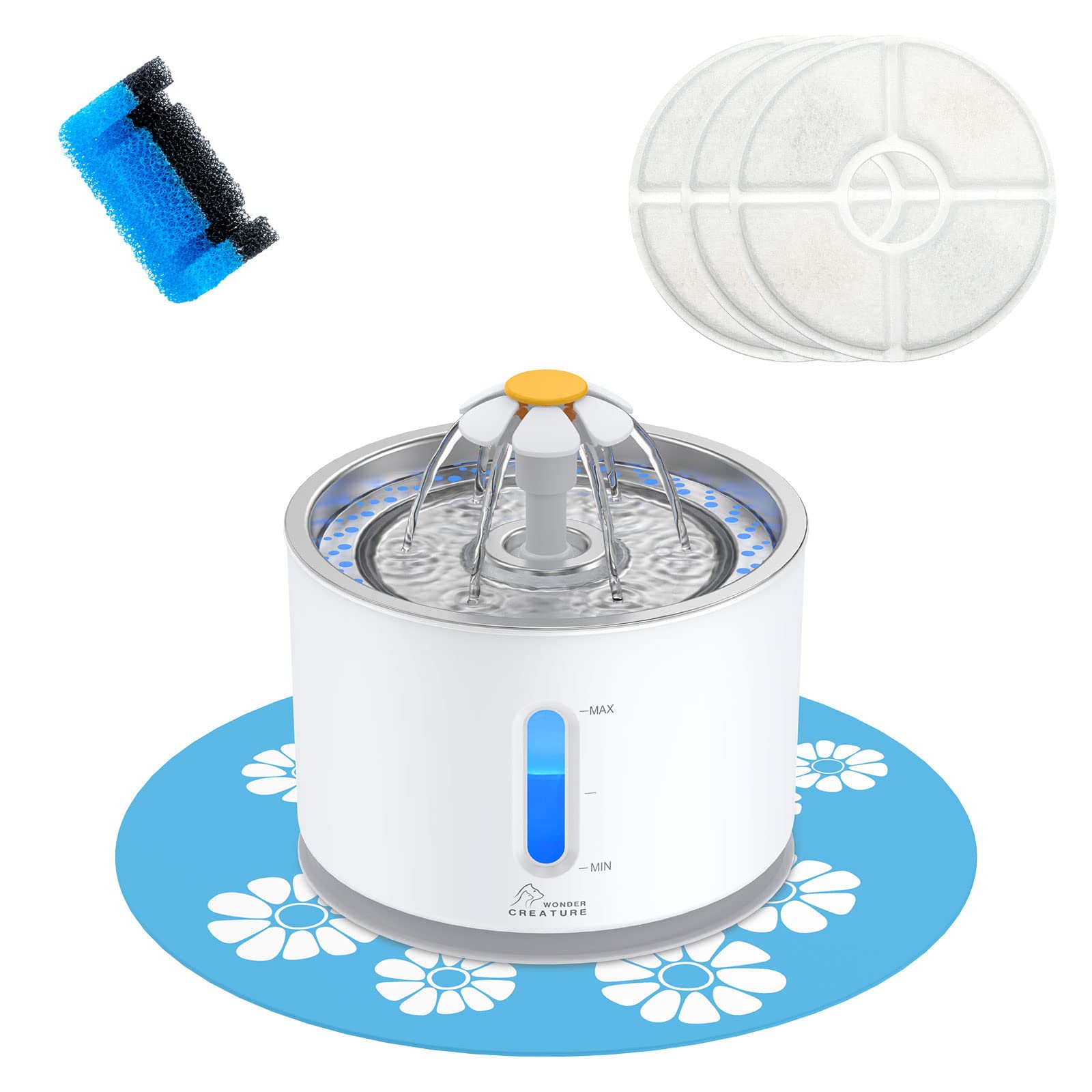 Wonder Creature cat fountain with stainless steel top for hygienic drinking.